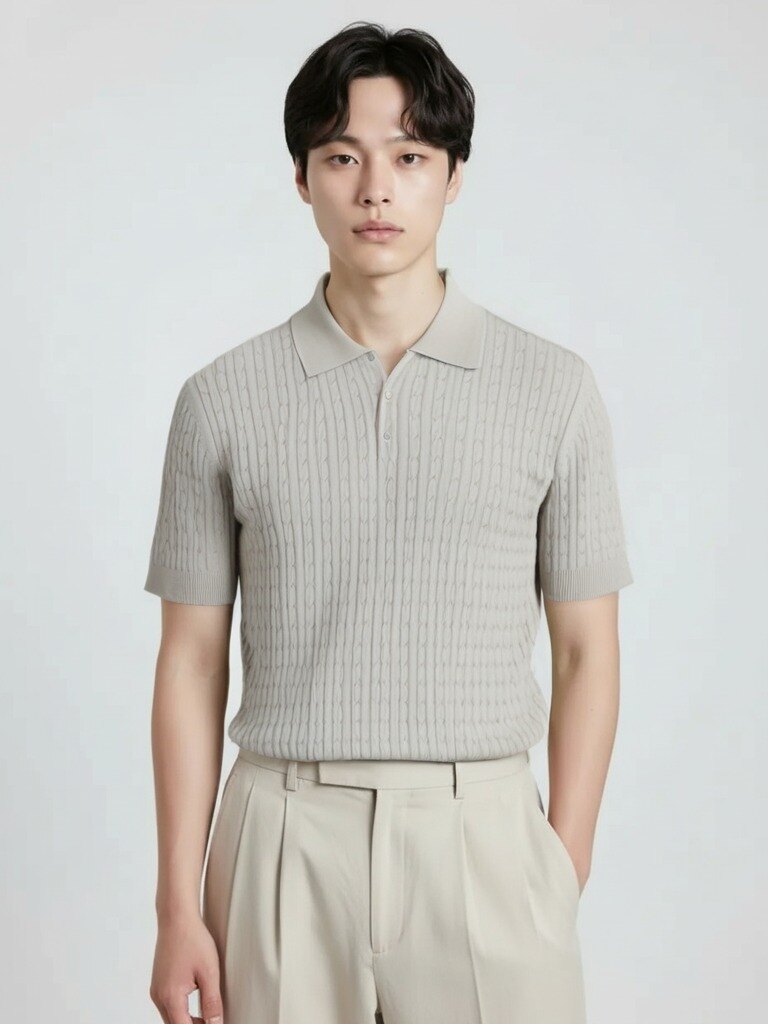 남성) 가먼트워싱 코튼 케이블 반팔 카라티