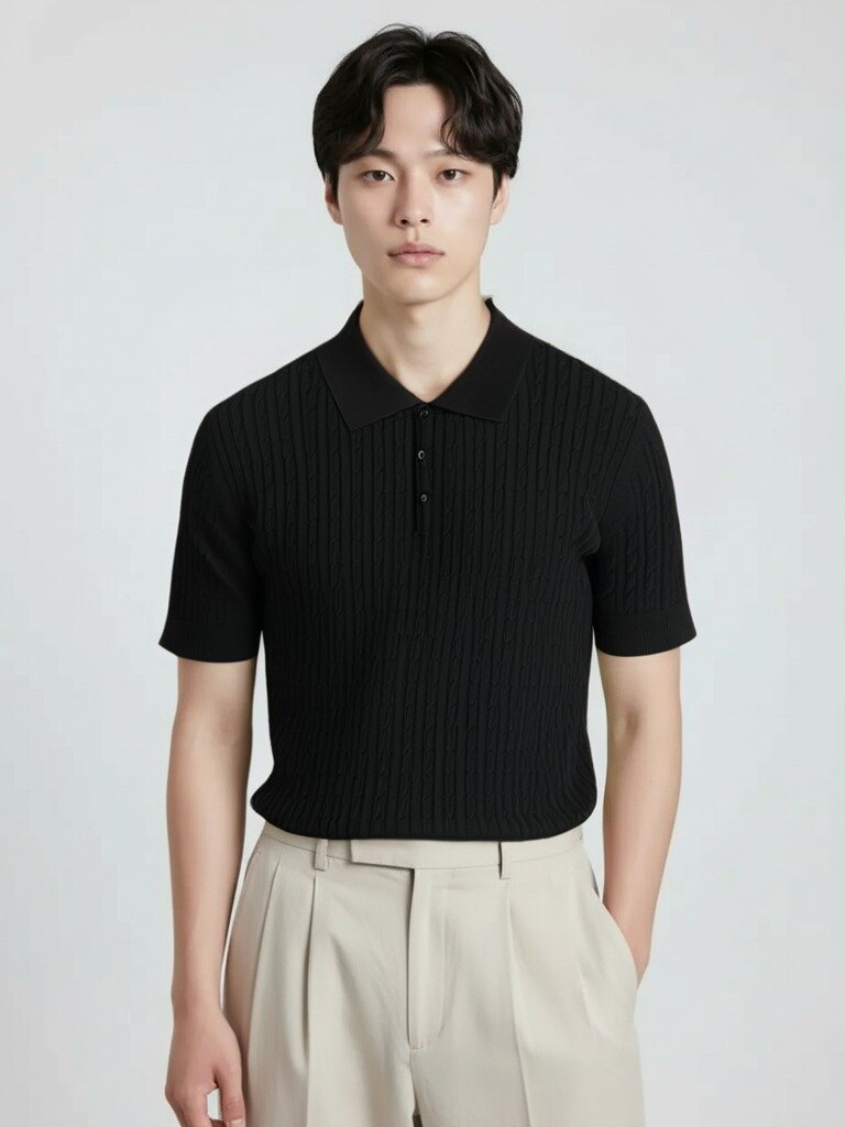 남성) 가먼트워싱 코튼 케이블 반팔 카라티