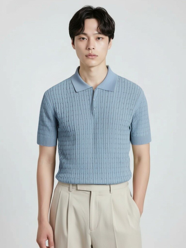 남성) 가먼트워싱 코튼 케이블 반팔 카라티