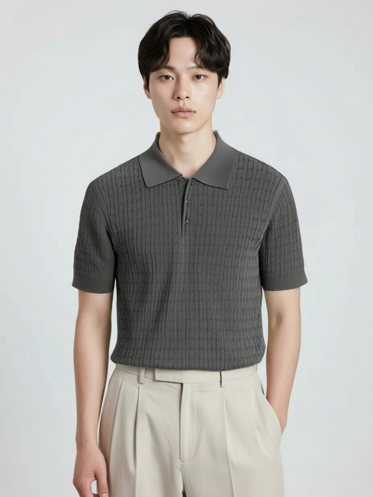 남성) 가먼트워싱 코튼 케이블 반팔 카라티
