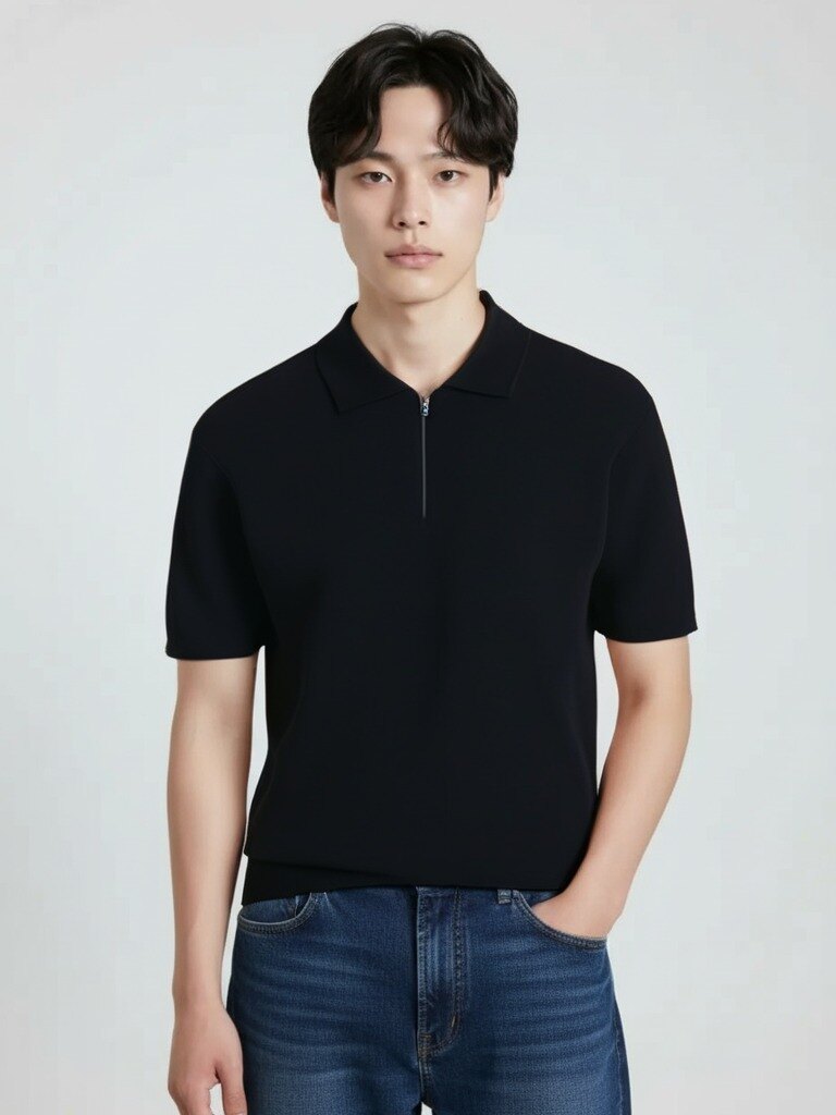 남성) 미라쿨 반팔 반집업 카라 니트