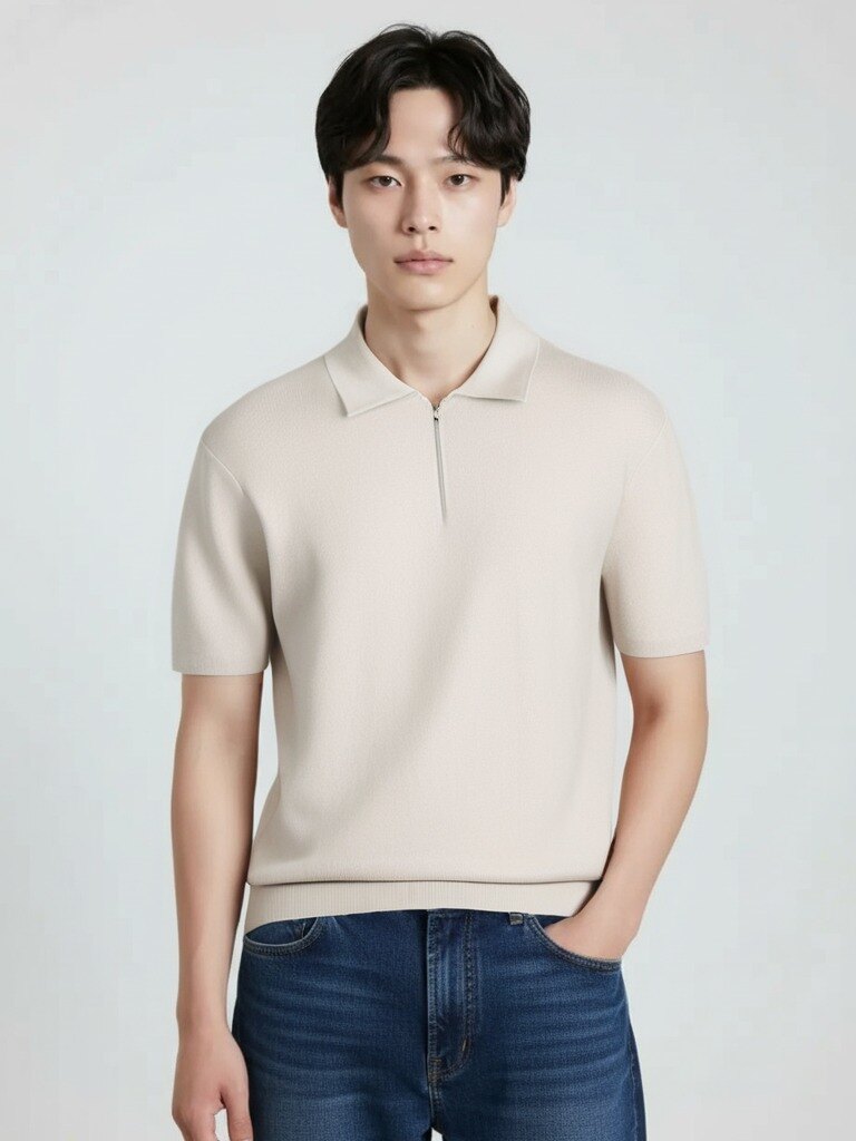 남성) 미라쿨 반팔 반집업 카라 니트