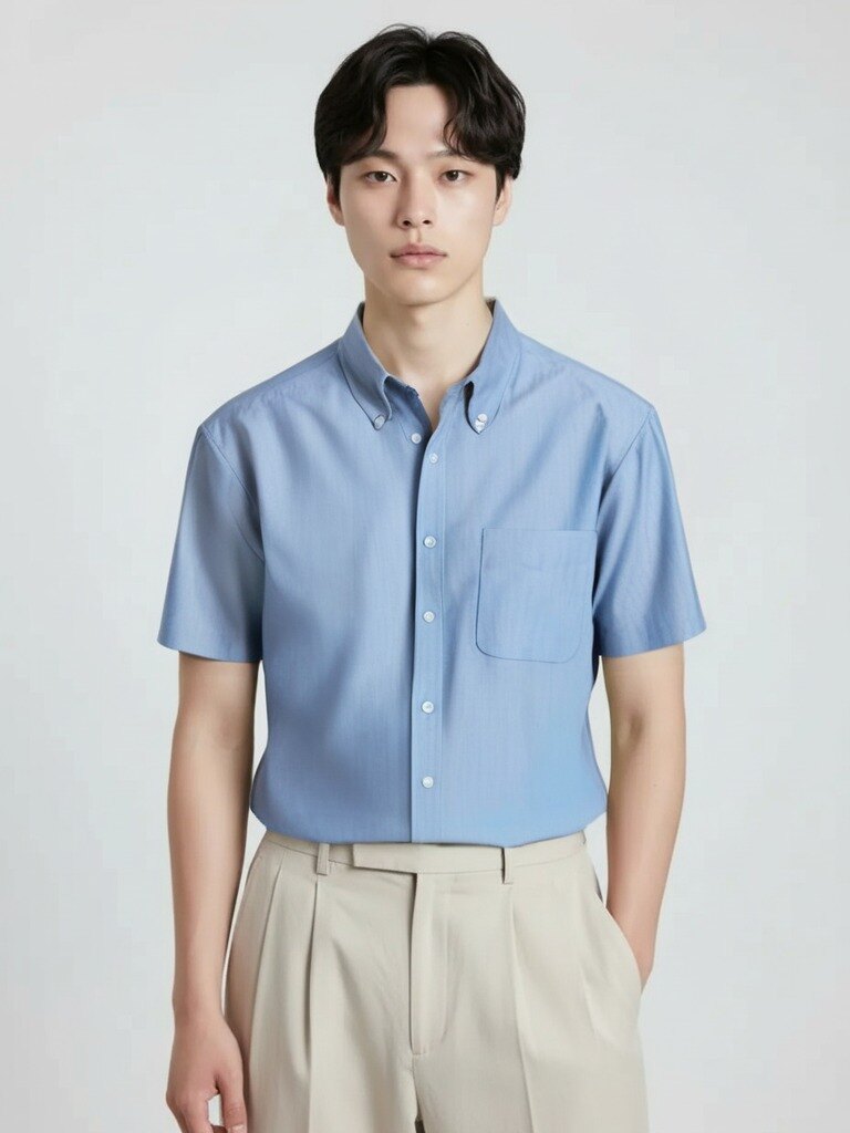 남성) 오버핏 샴브레이 반팔 셔츠