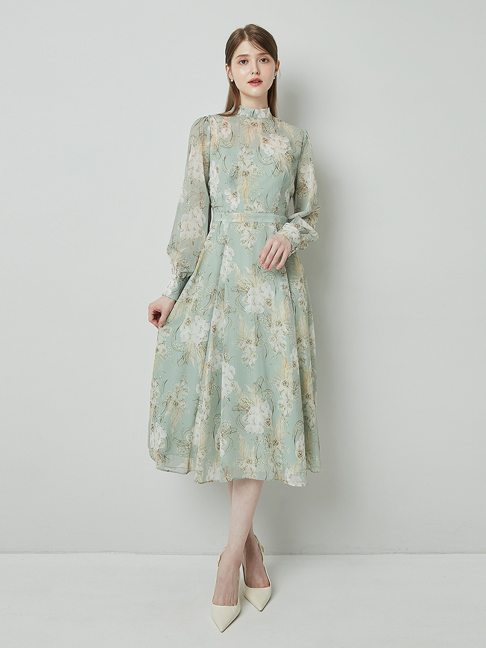 ANASTASIA Mock neck Chiffon Ribbon Tie Flared Dress_Mint Flower