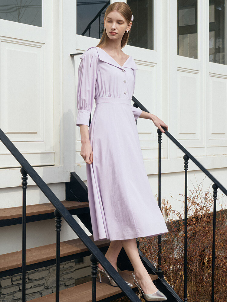 LEINA Deep Vneck Collar Flared Dress_Purple