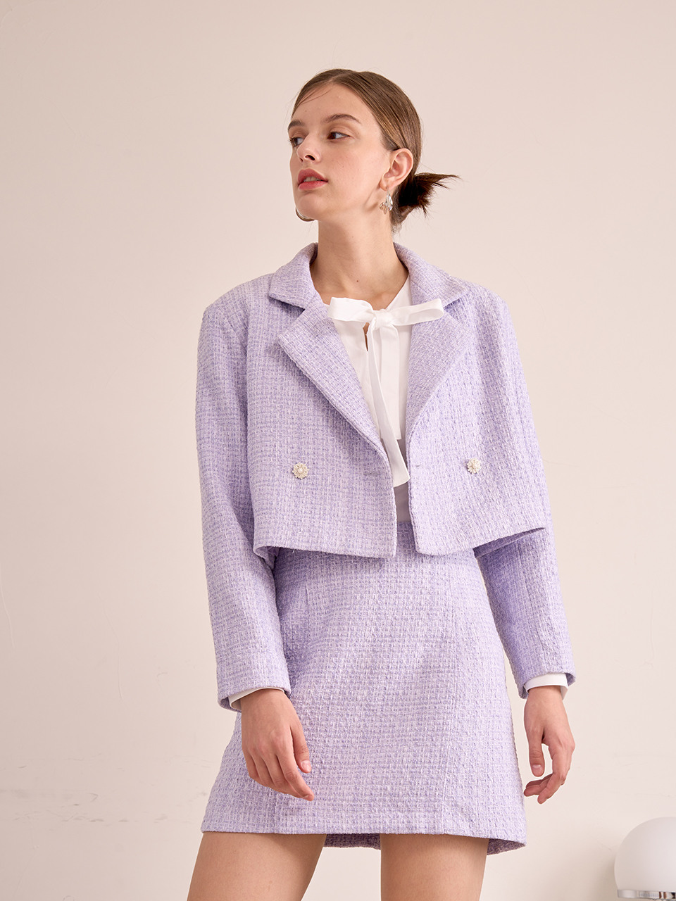 [SET] 트위드 크롭 자켓 + 심플 스커트 - 퍼플