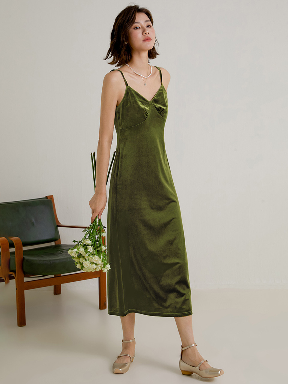 LS_Velvet Slip dress_OLIVE