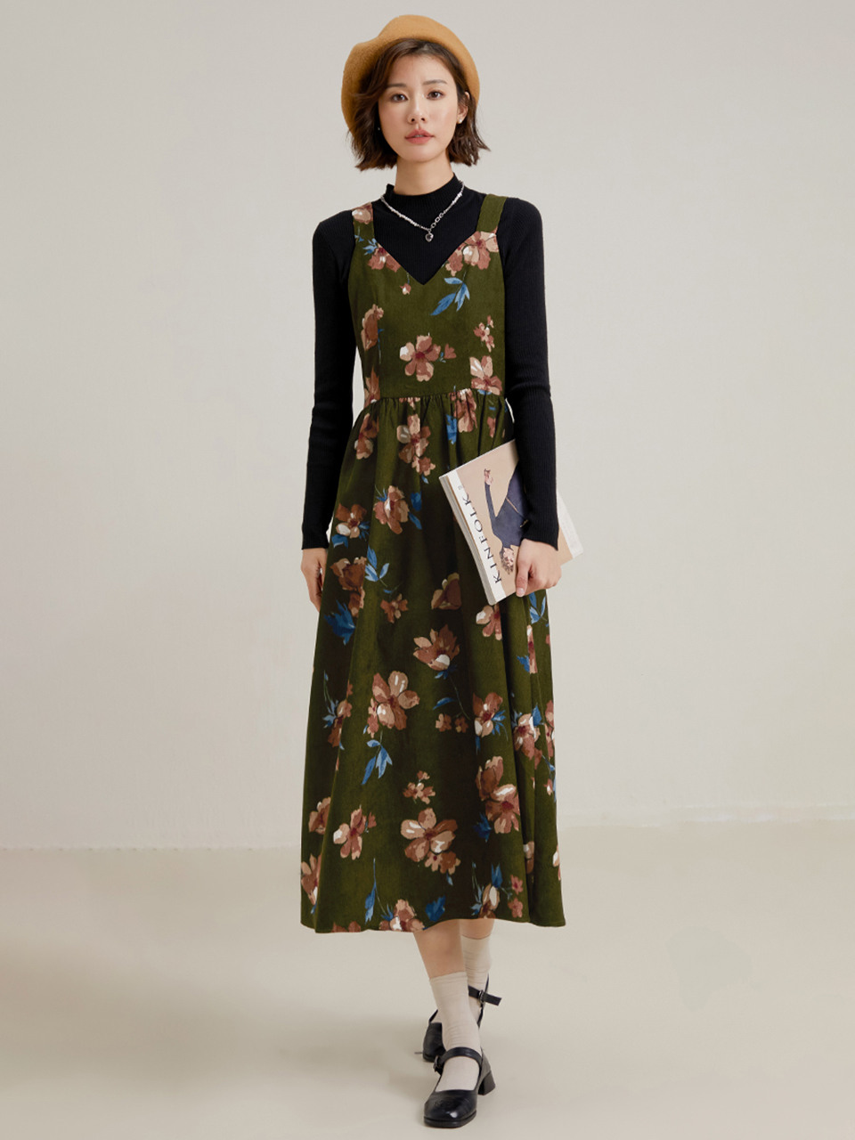 LS_Floral corduroy slip dress