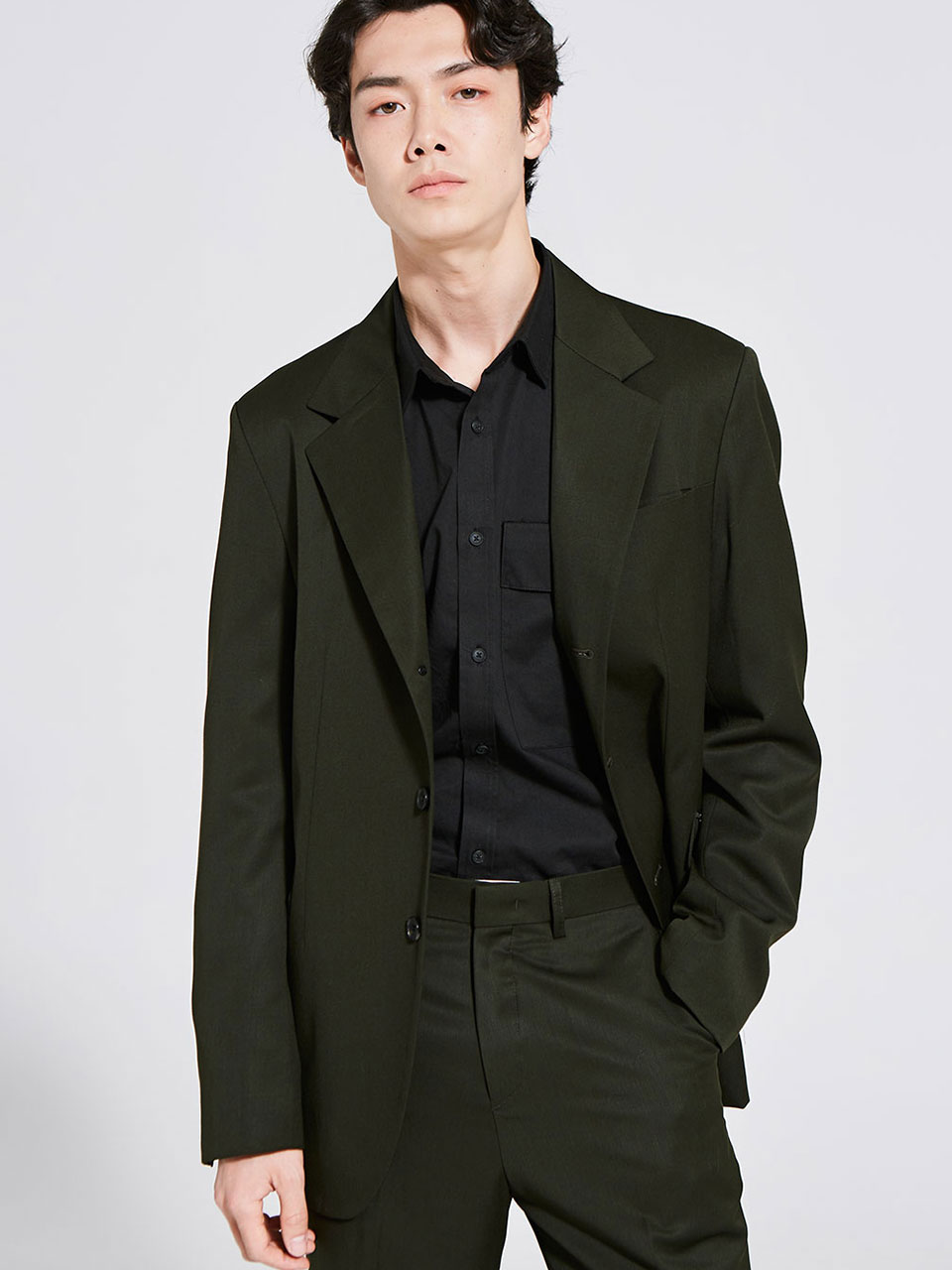 싱글3버튼 울 자켓_카키