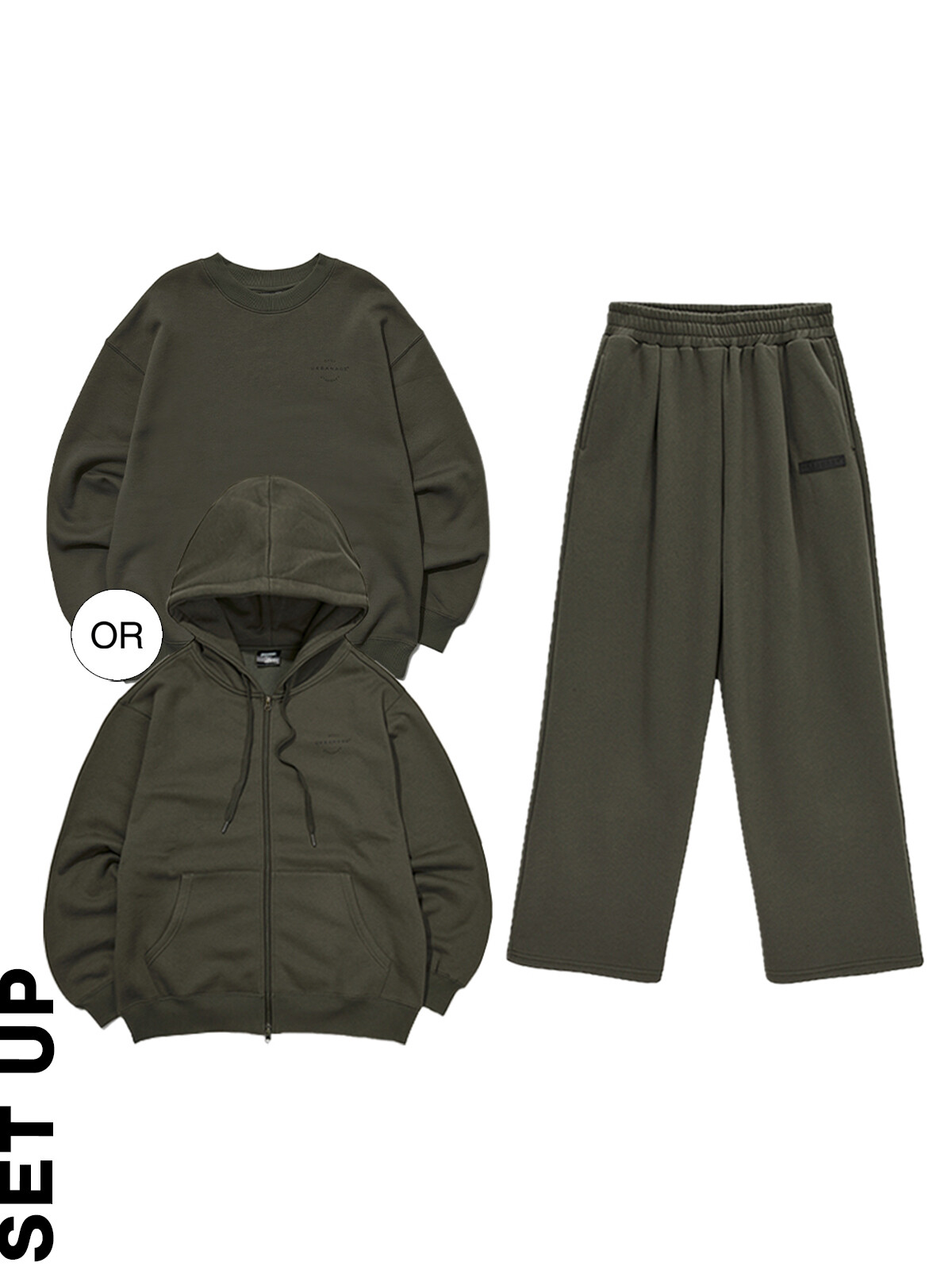 [SET] 데일리 스탠다드 맨투맨 or 후드집업 + 와이드 팬츠 카키