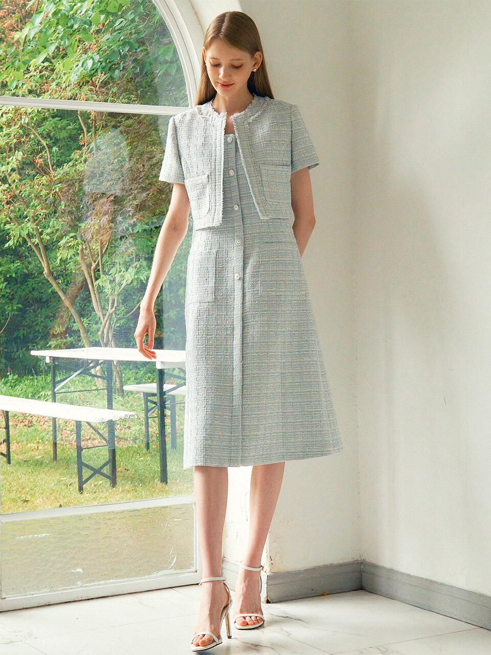 JANE Half sleeve Fringe Tweed Cropped Jacket_sky blue