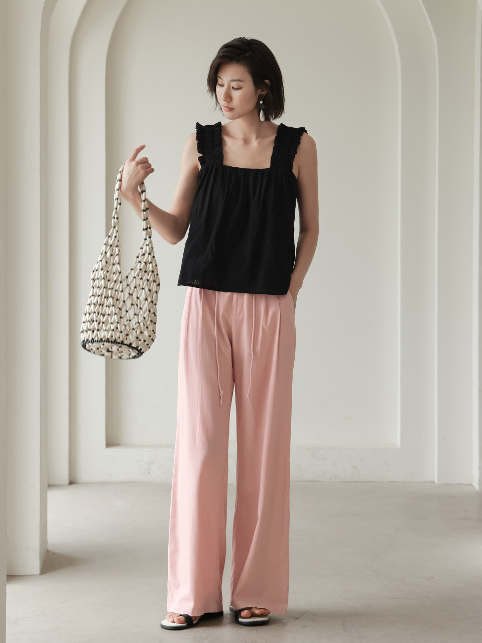 LS_String waist straight slacks_2color