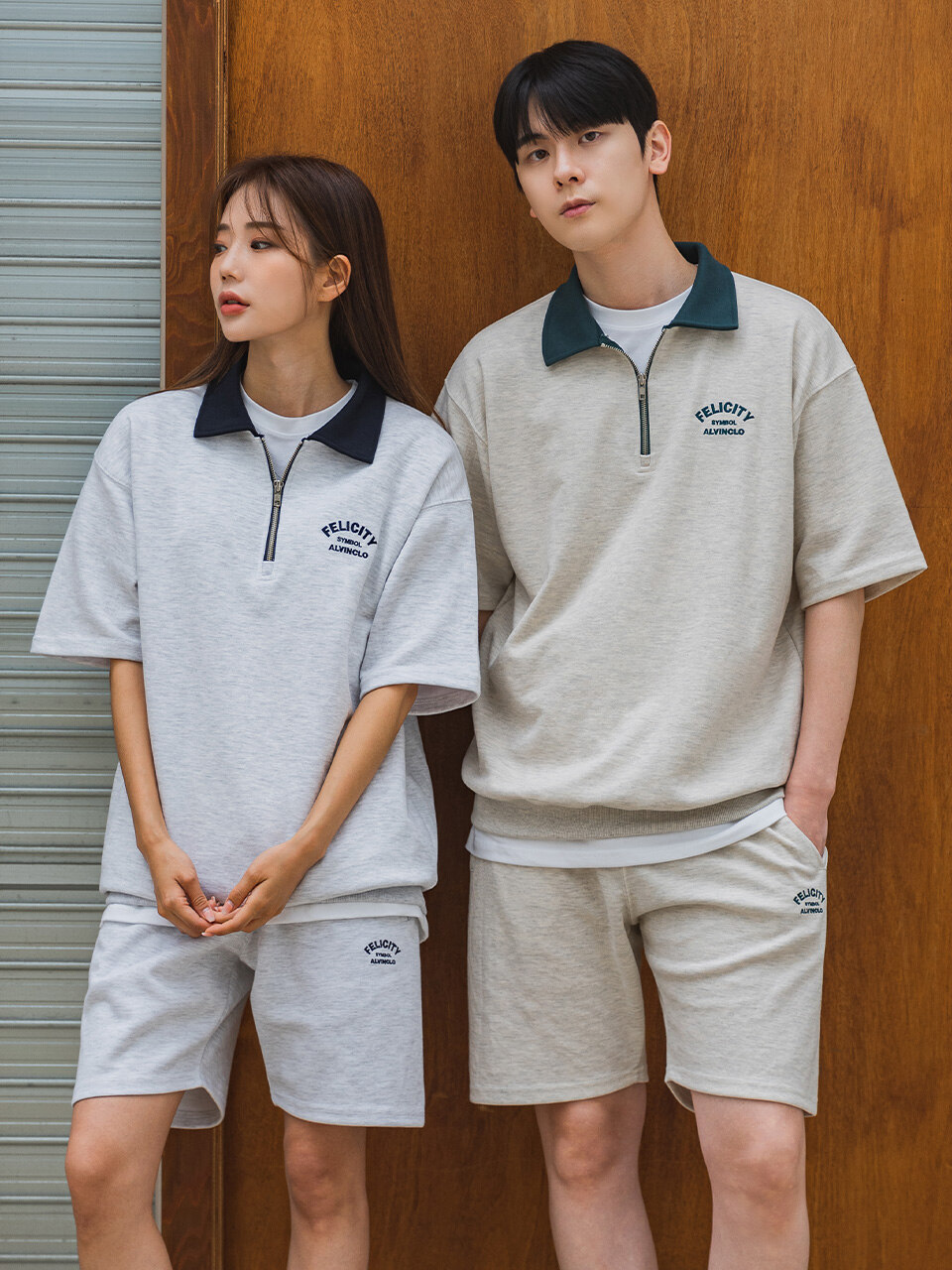 [SET] FELICITY 반집업 배색 카라 반팔 맨투맨 밴드 반바지 셋업