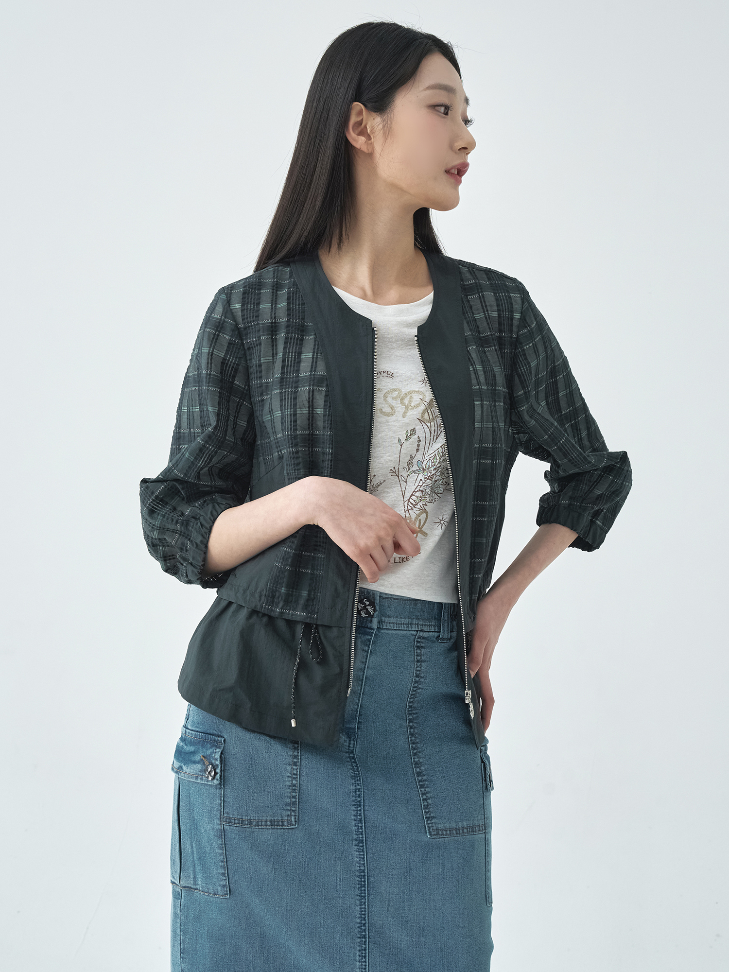 메탈 체크 가디건형 숏 코트 LCCAO428_DE