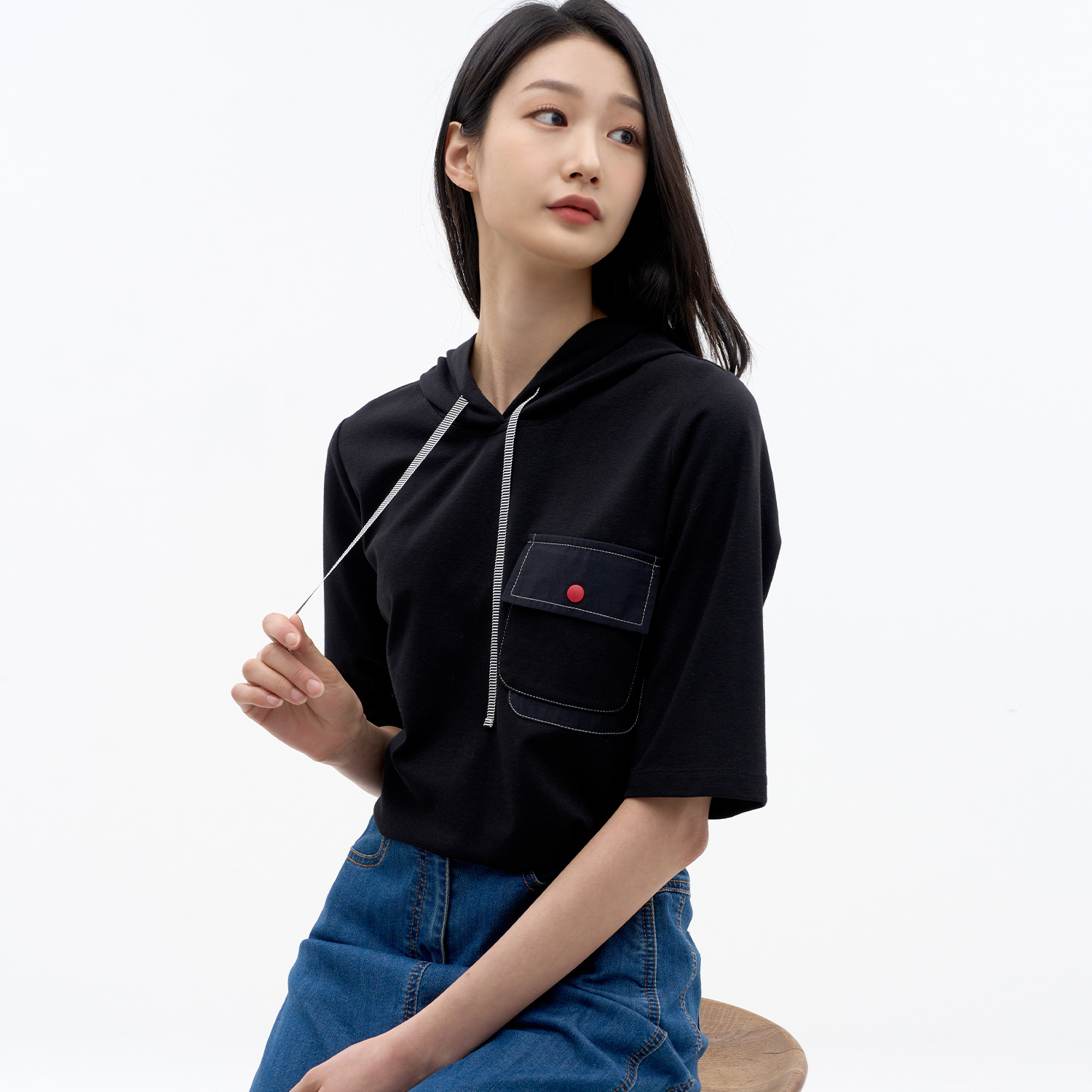 포켓 후드 반팔 티셔츠 LCTSN333_BK