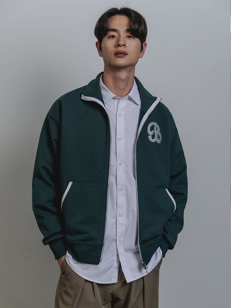 B WAPPEN 스웨트 집업  다크그린 BK7590