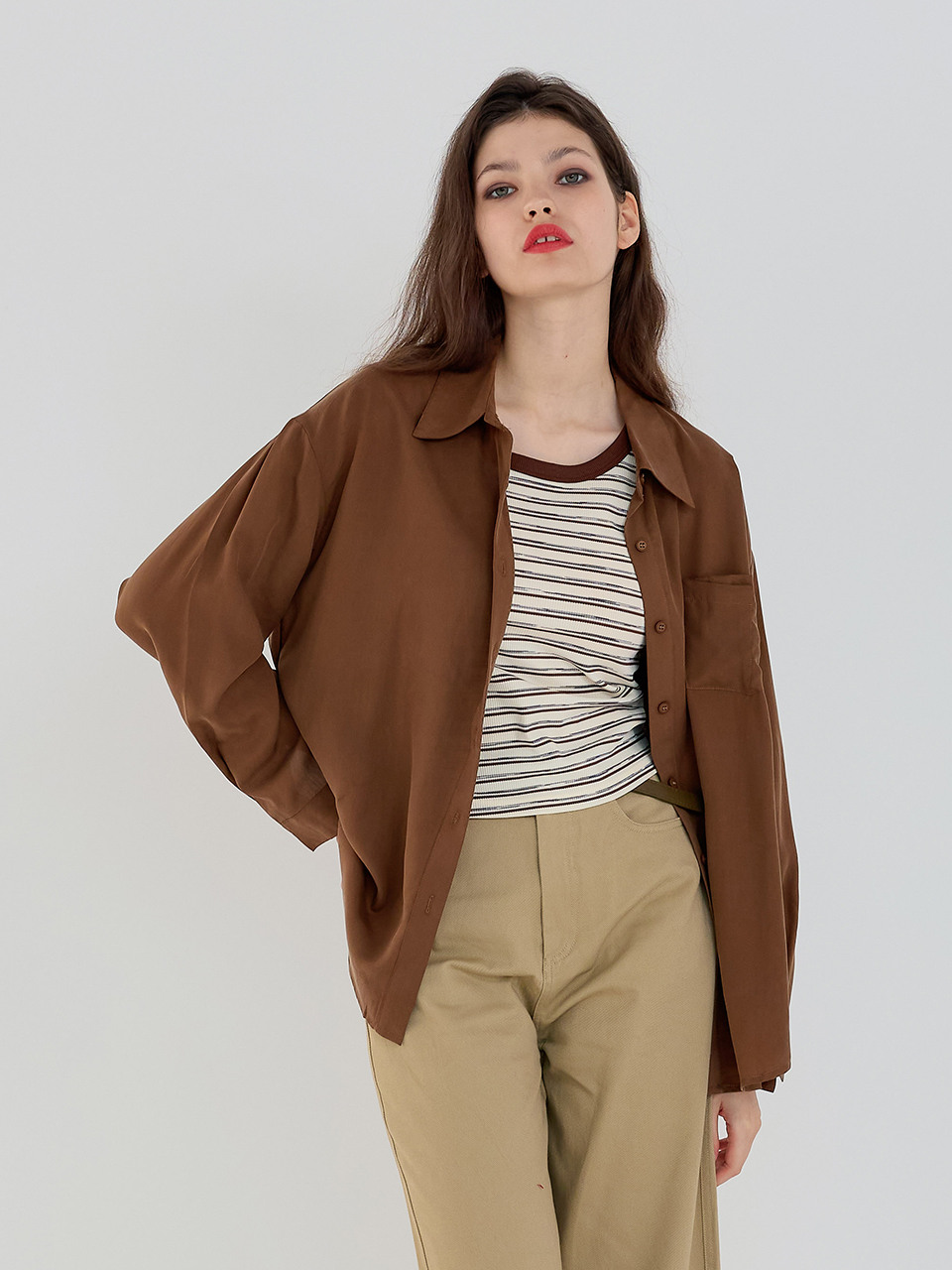 AR_Casual striped inner set shirt_BROWN