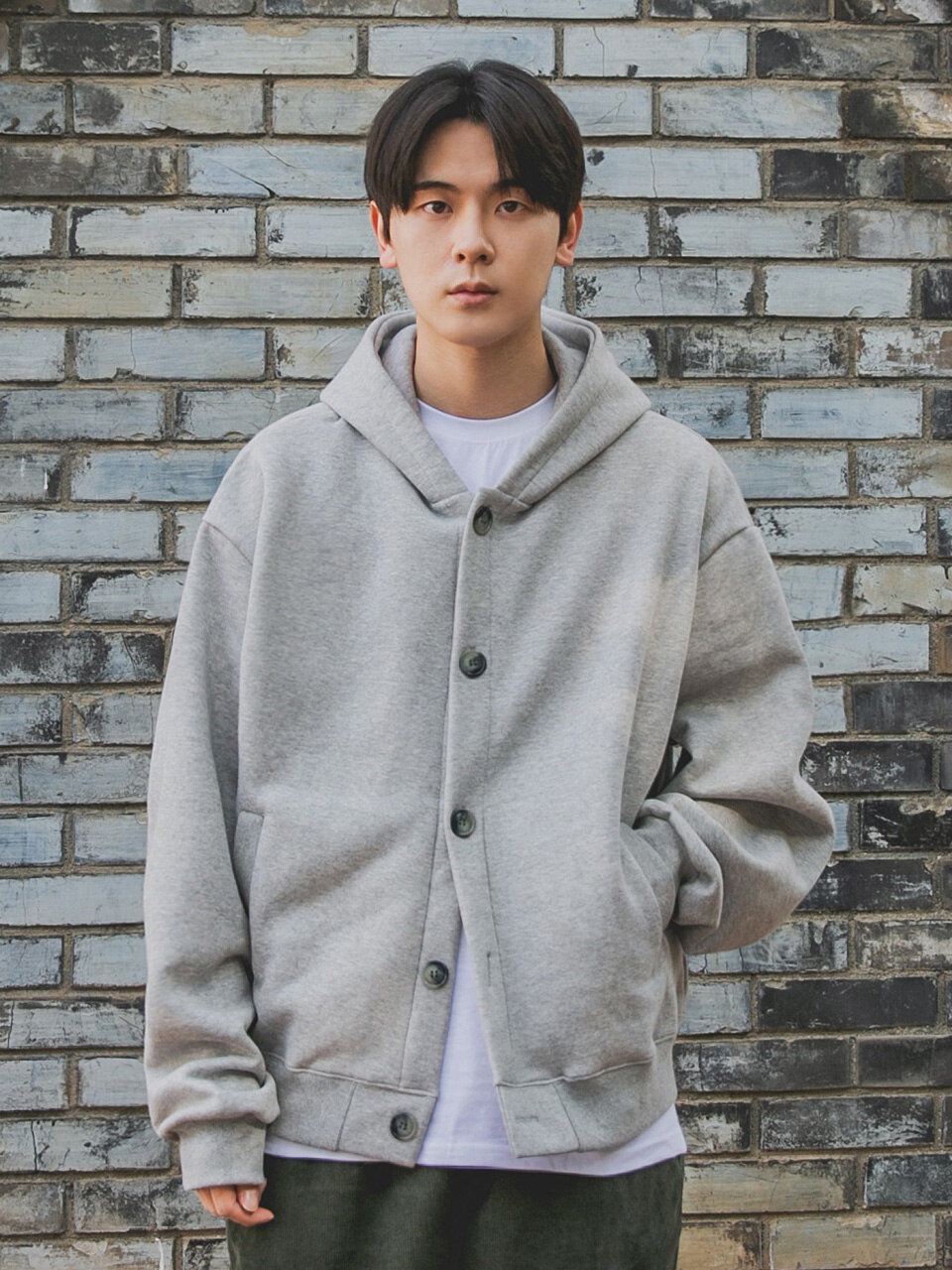 버튼다운 무지 후드 가디건 3color AZH484