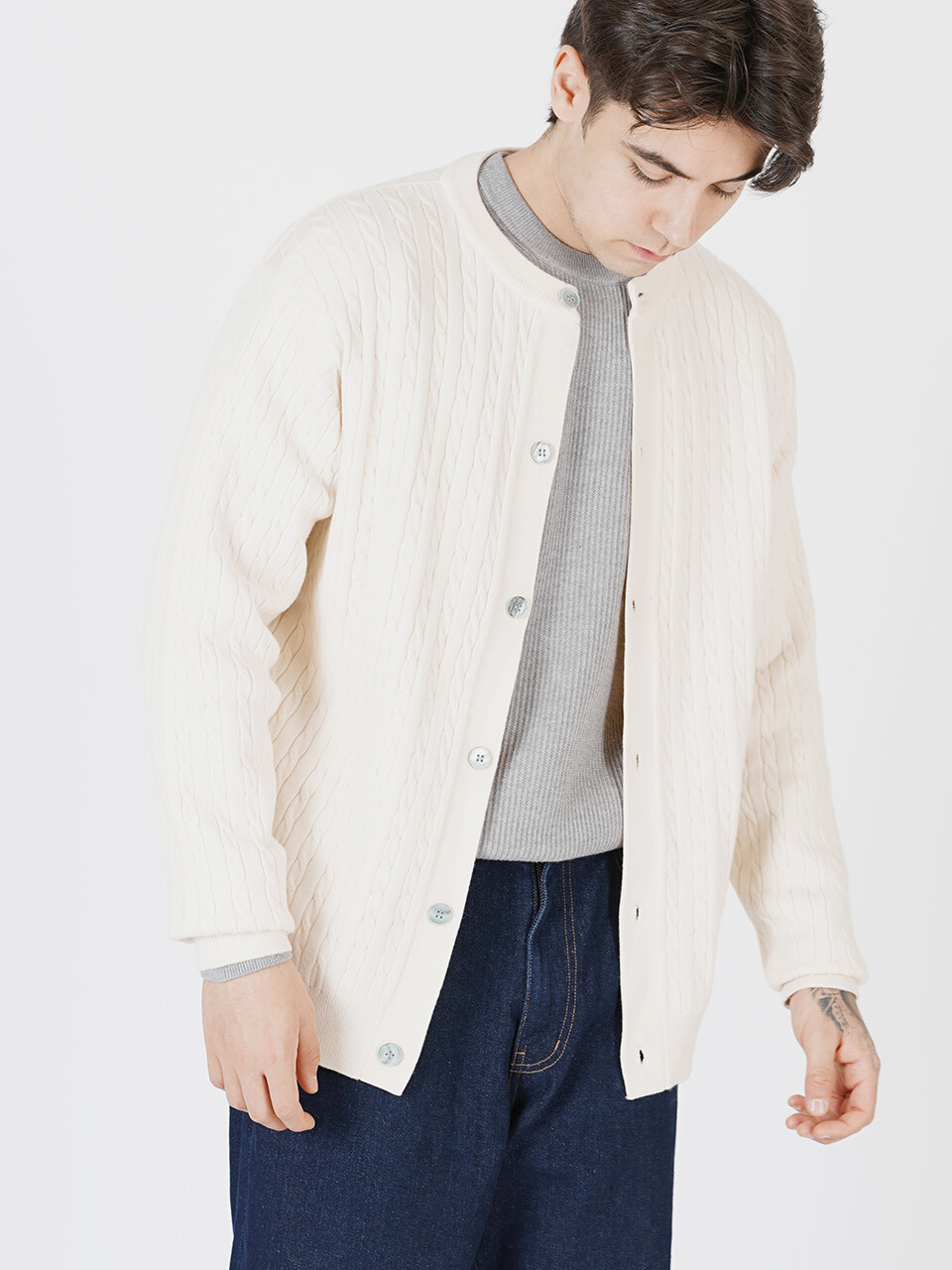 Silket Cable Round-neck Cardigan Ivory