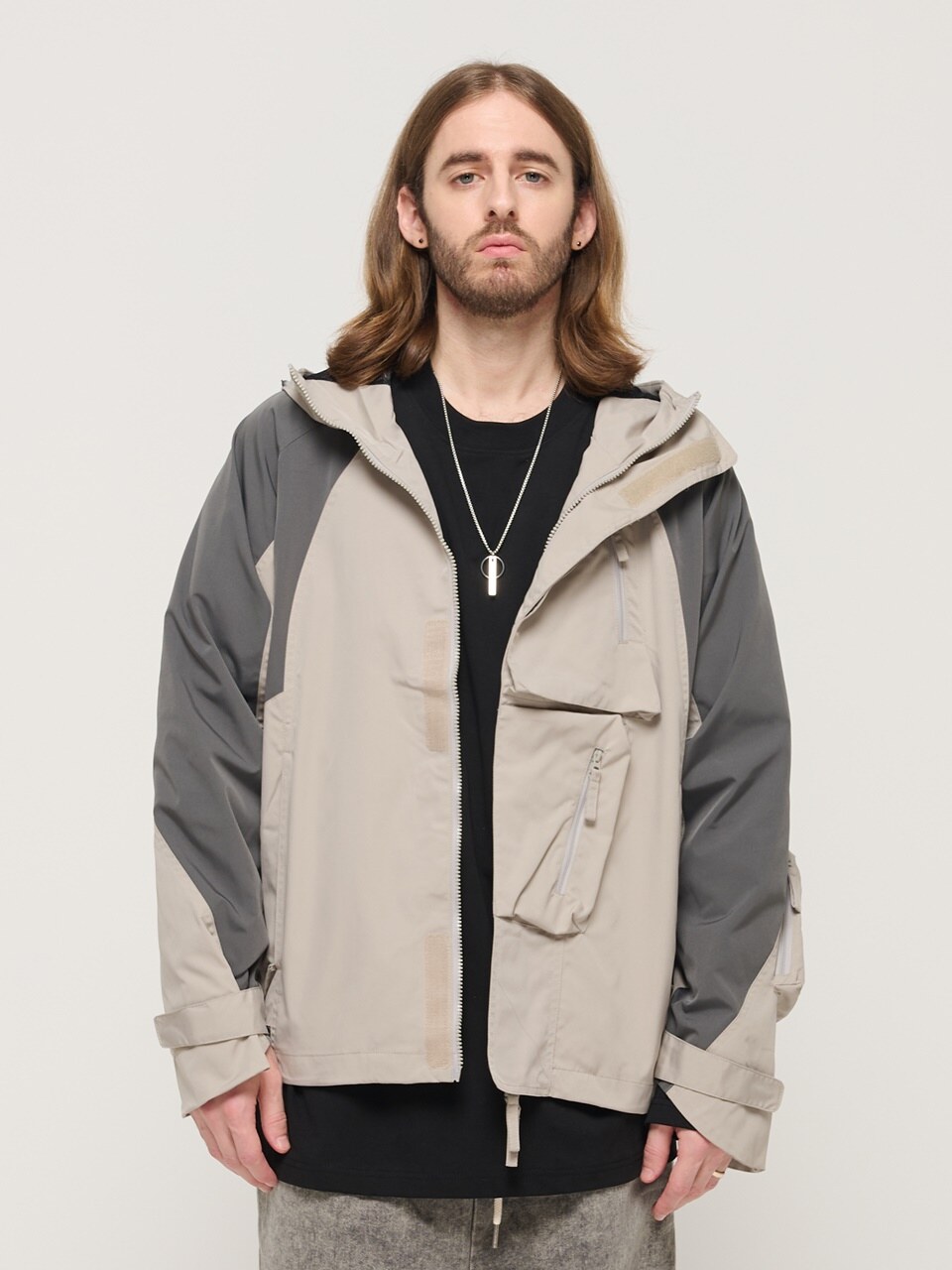 WATERPROOF CASUAL MULTI-POCKET HOODED WINDBREAKER GRAY