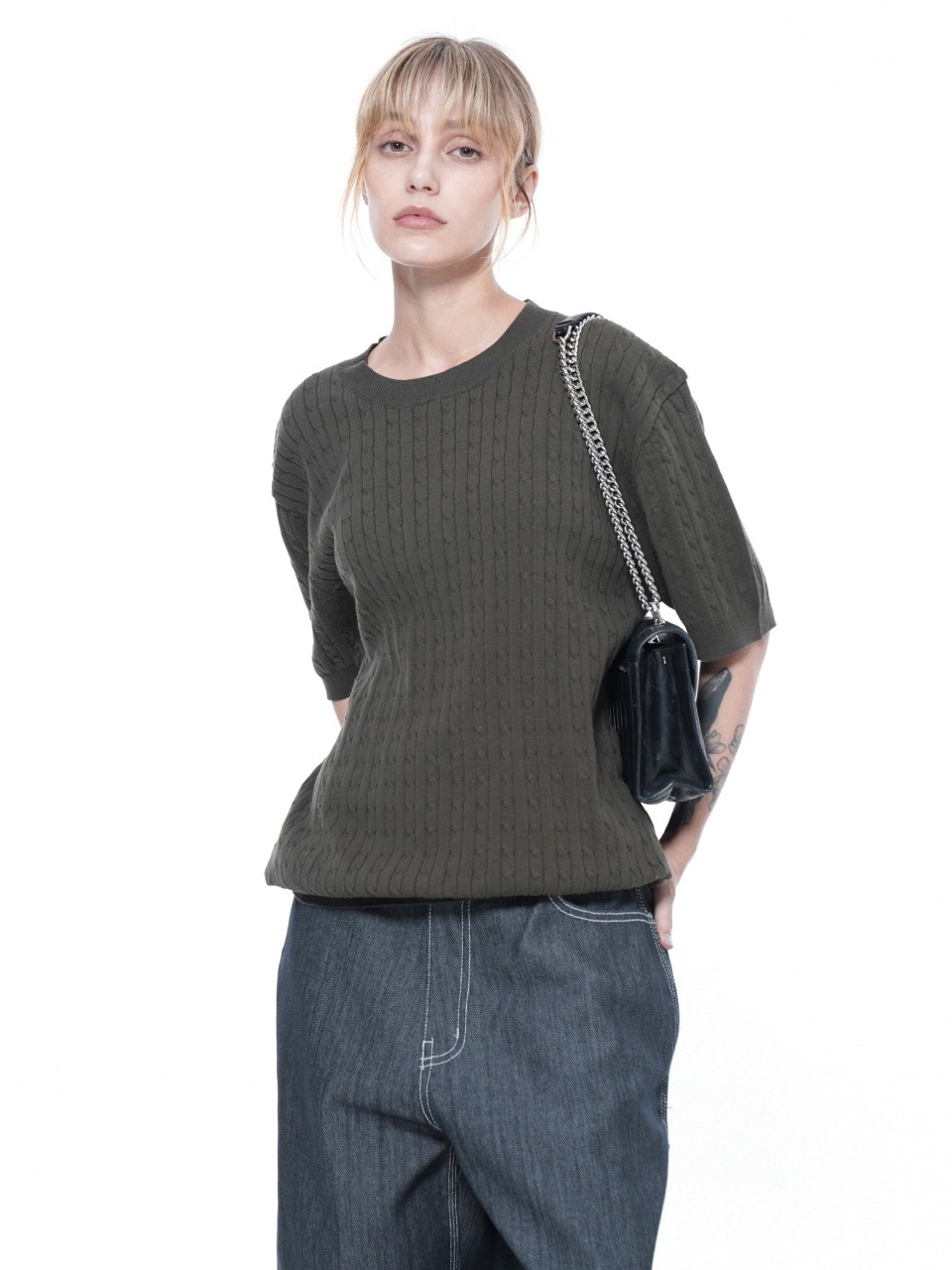Linen Cable Round Half Knit - Khaki