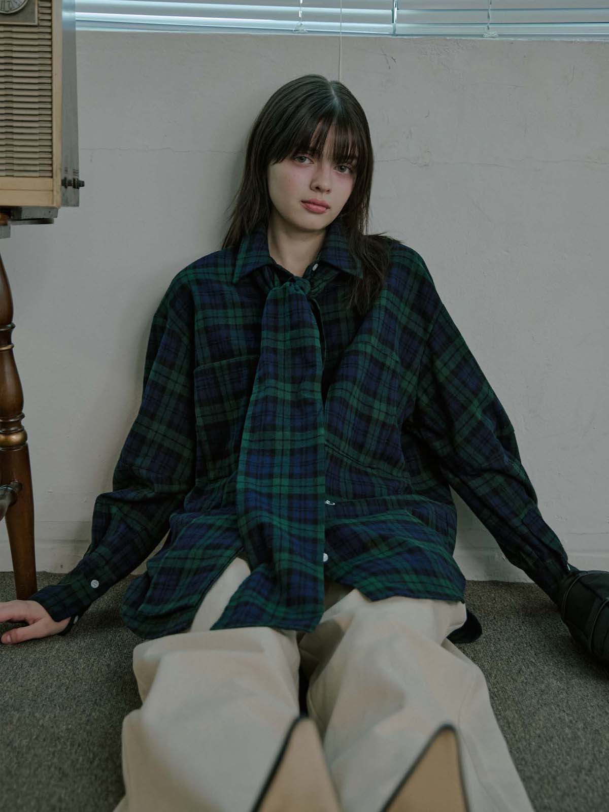 Round Sleeve Tie Check Shirt - Green