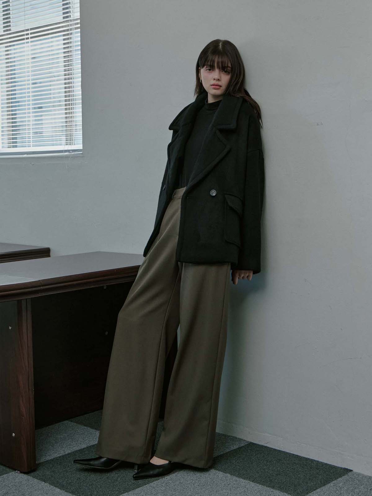 Wool Blend semi wide pants - Grayish Brown