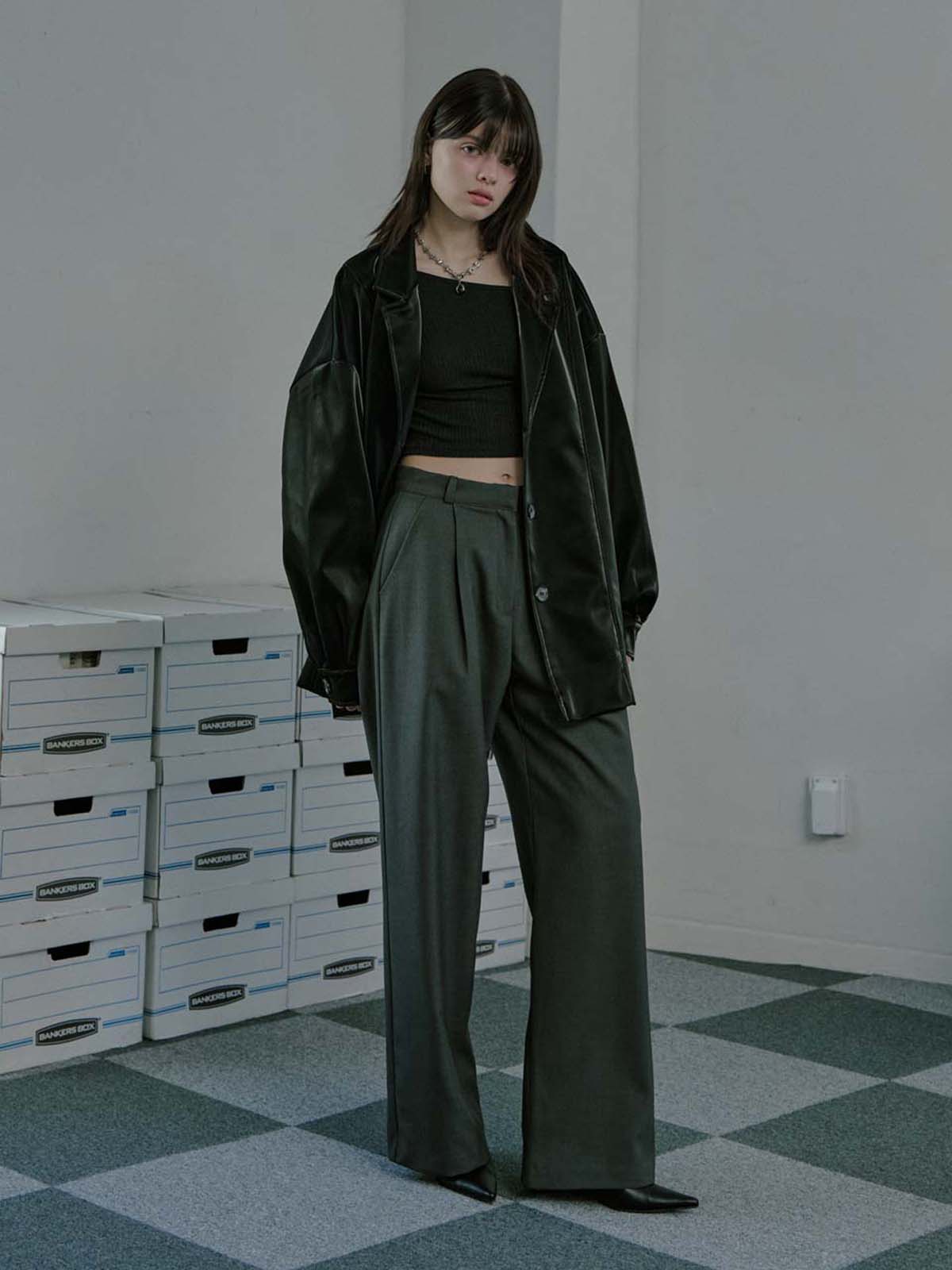 Wool Blend semi wide pants - Charcoal