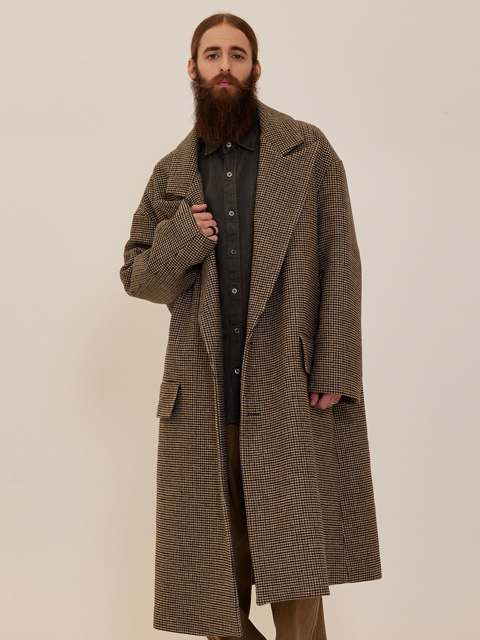 CB OVERSIZE CHECK SINGLE LONG COAT BROWN