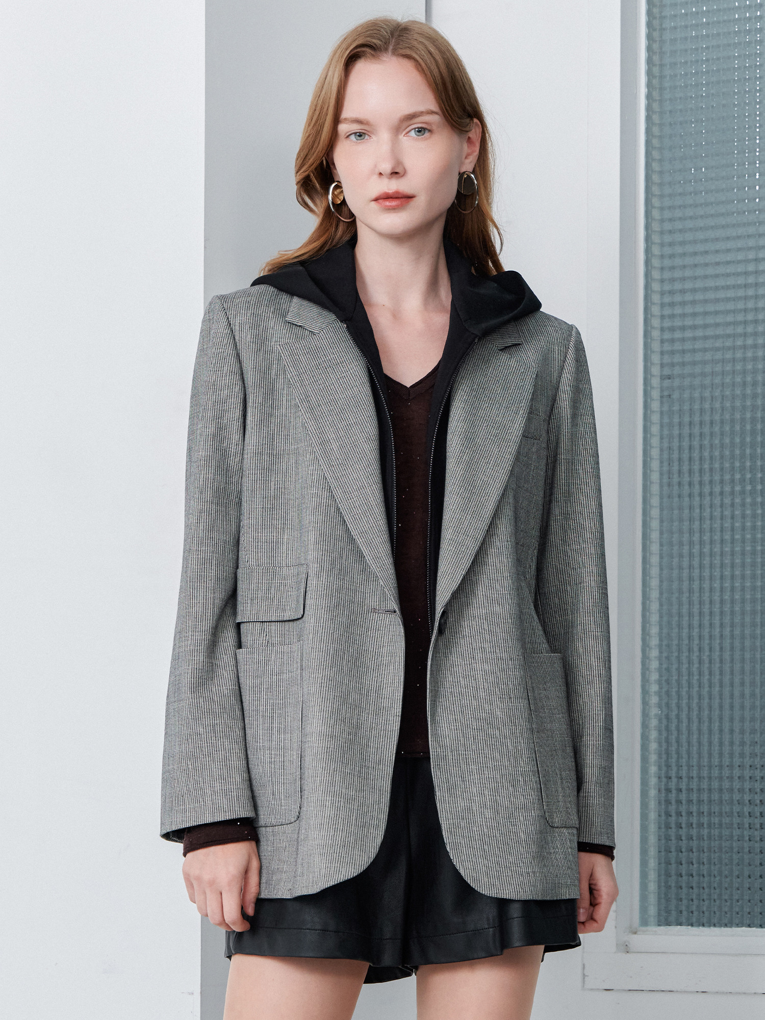 후드 탈부착 원버튼 싱글 브레스티드 자켓 베이지