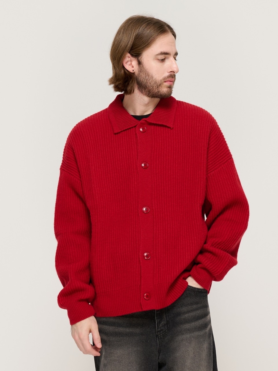 BUTTON POINT KNIT CARDIGAN RED