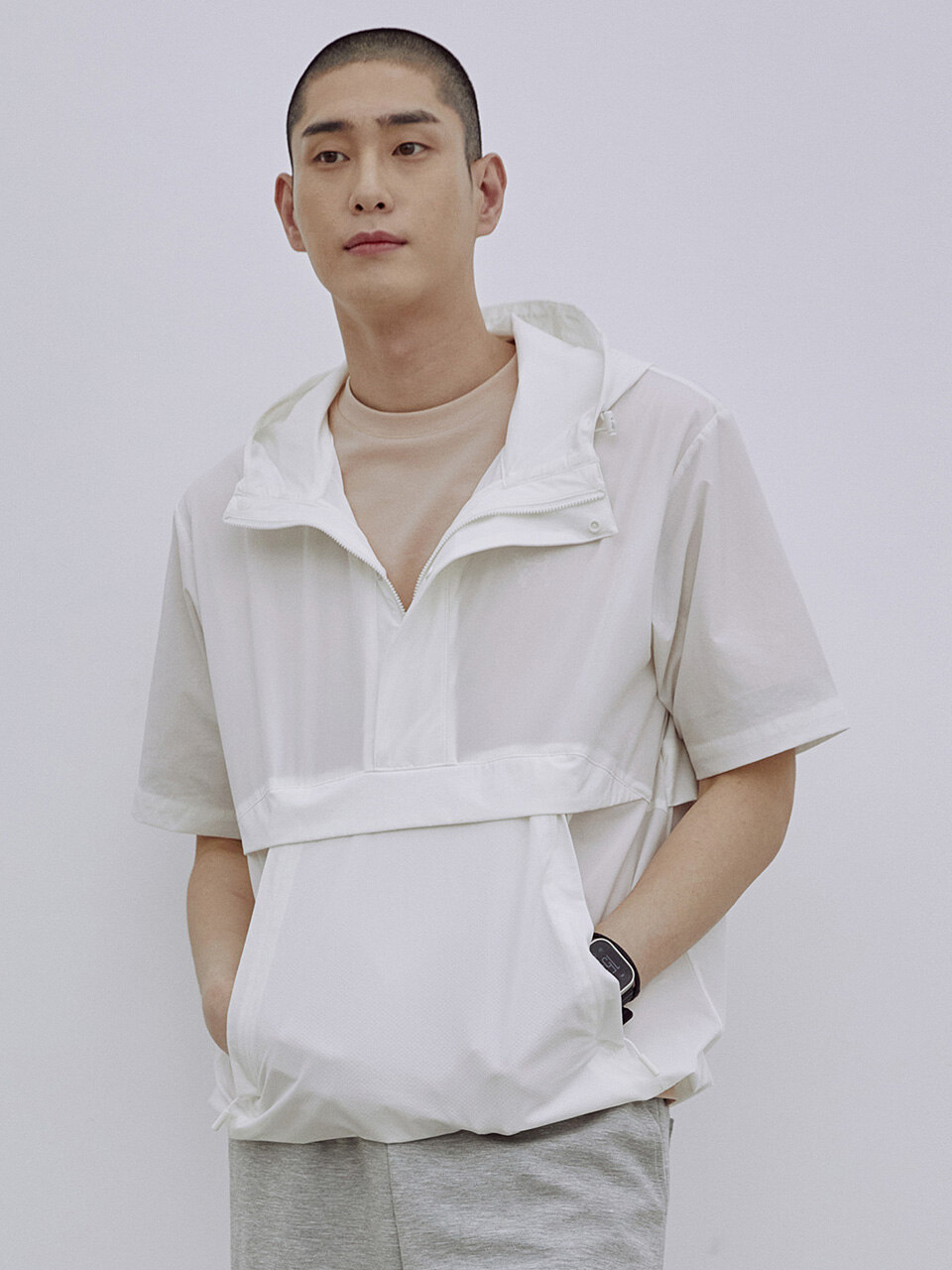 남성 나일론 반팔 후드 아노락 (O-WHITE) (HA4UJ10-33)