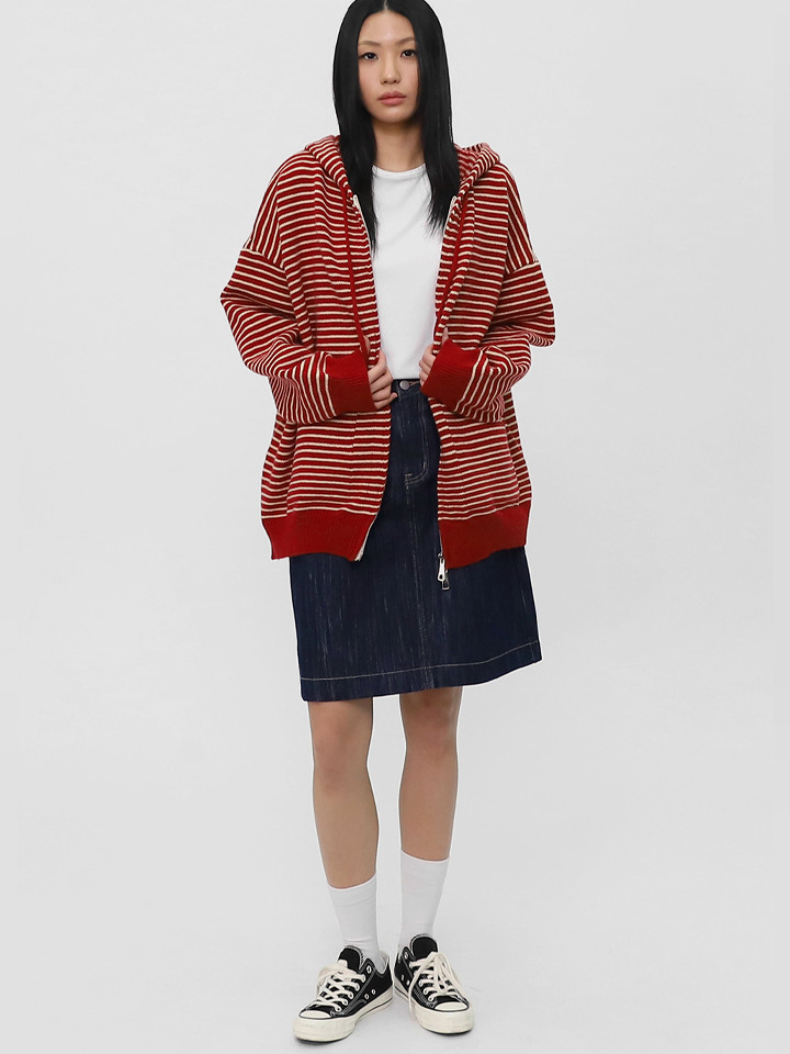 여자 오버핏 후드집업 니트 스트라이프 데일리 집업 SDEAR002