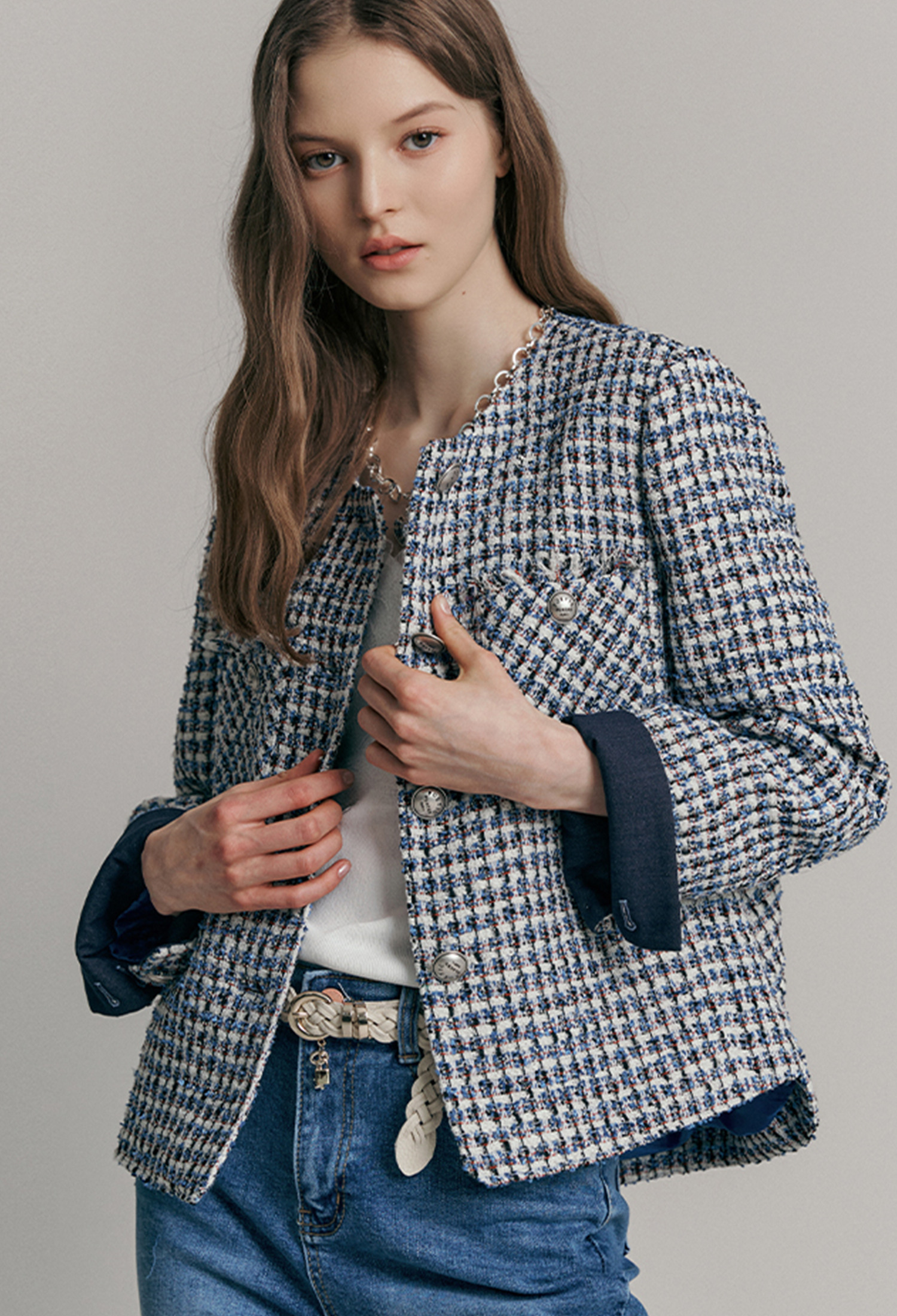 데님 배색 라운드 트위드 자켓