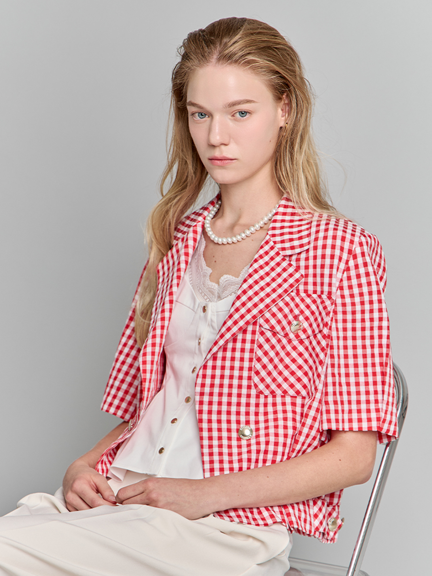 고방체크 하프소매 크롭 여름자켓