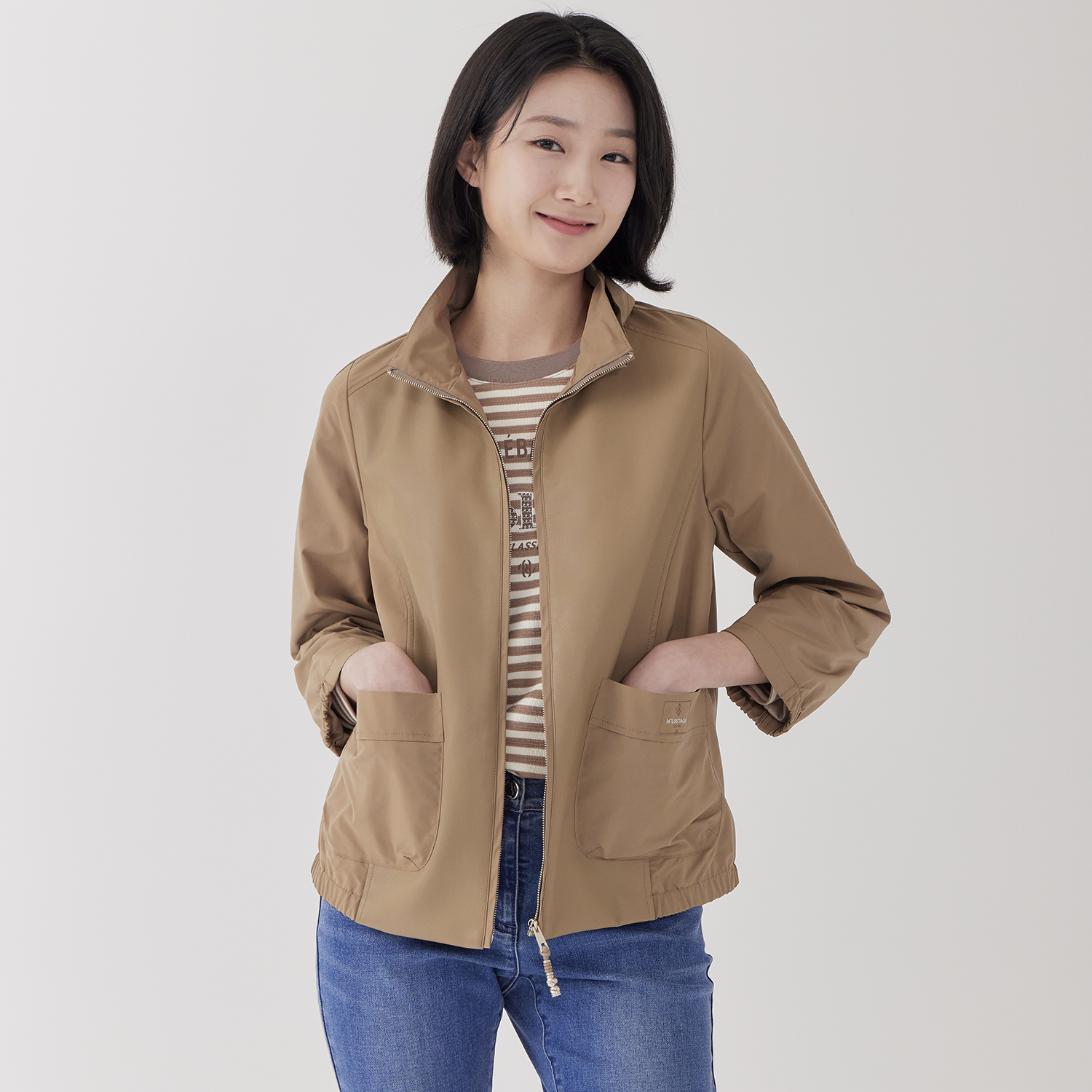 (2컬러) 레자패치 반넥 크롭소매 코트 LCCAP221