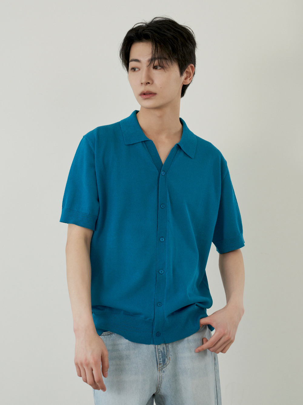 남녀공용 얼음 반팔 카라 가디건_블루