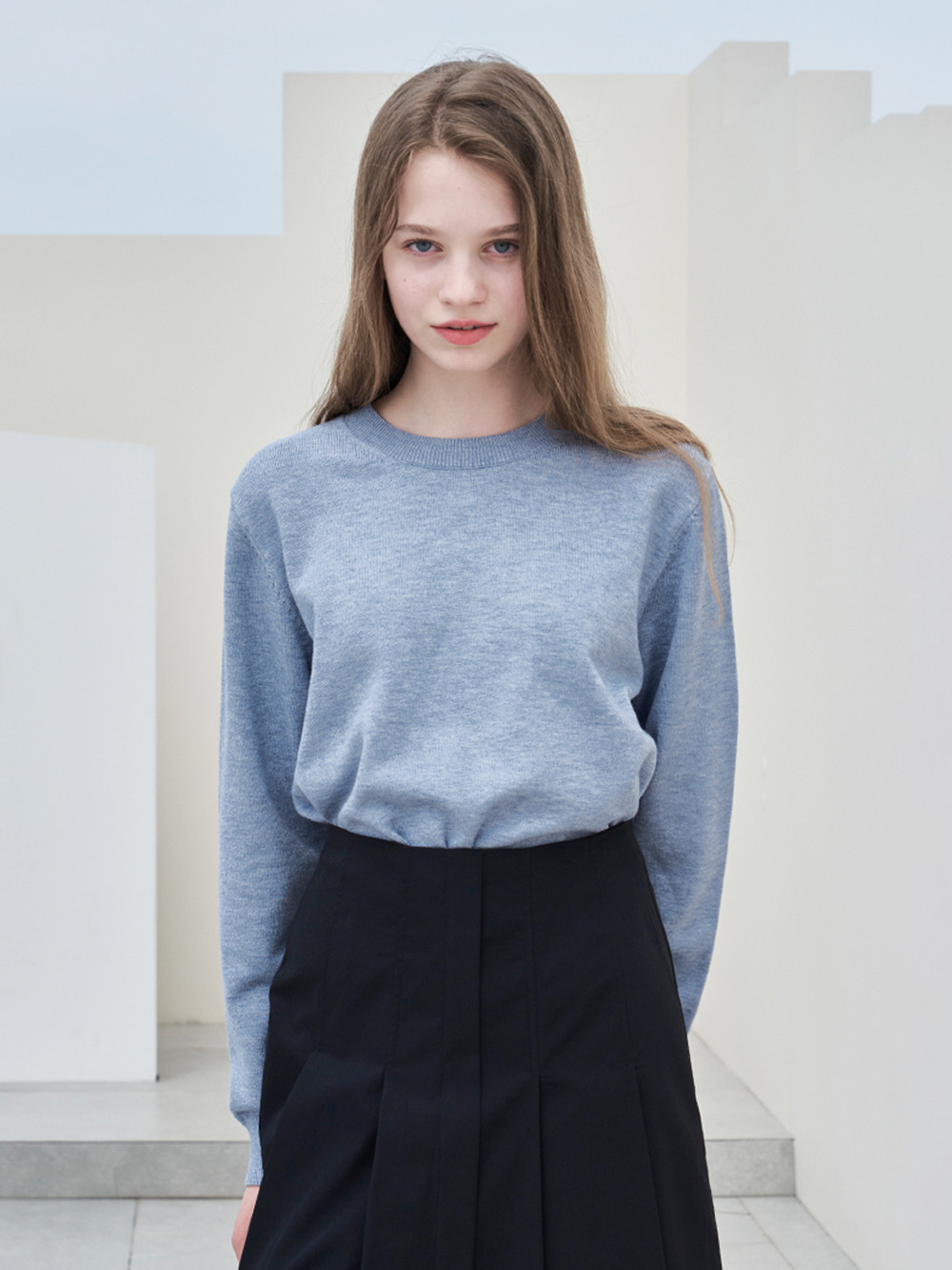 남녀공용 솜털 라운드넥 니트_멜란블루