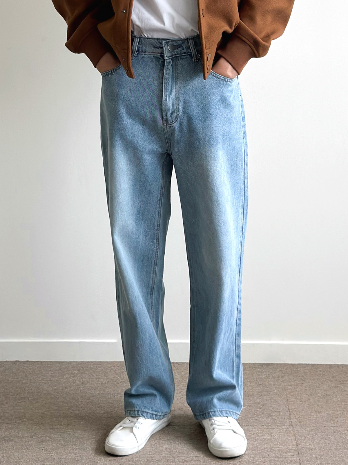 워싱 세미 와이드 데님 팬츠