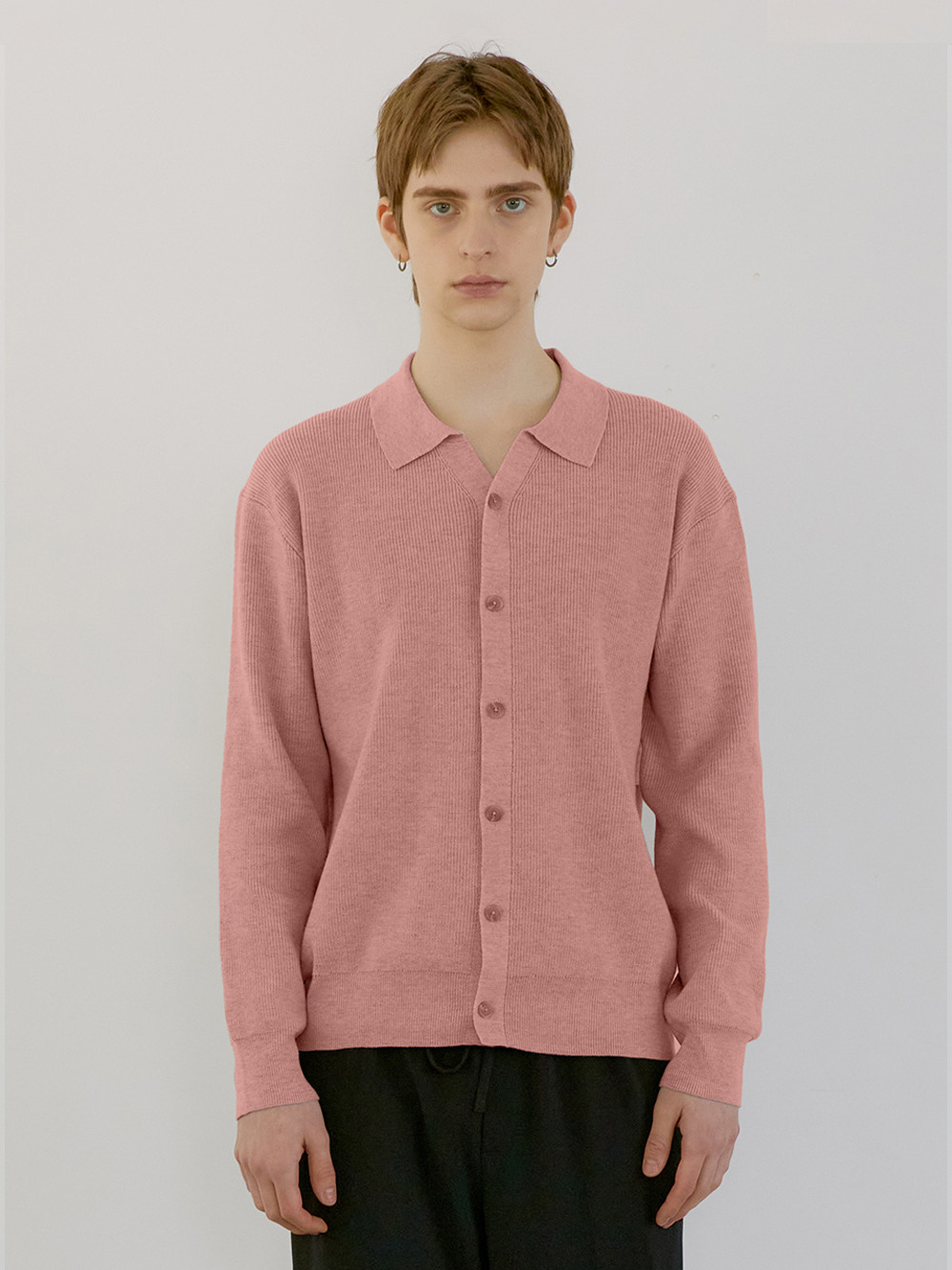 남성 카라 니트 가디건_핑크