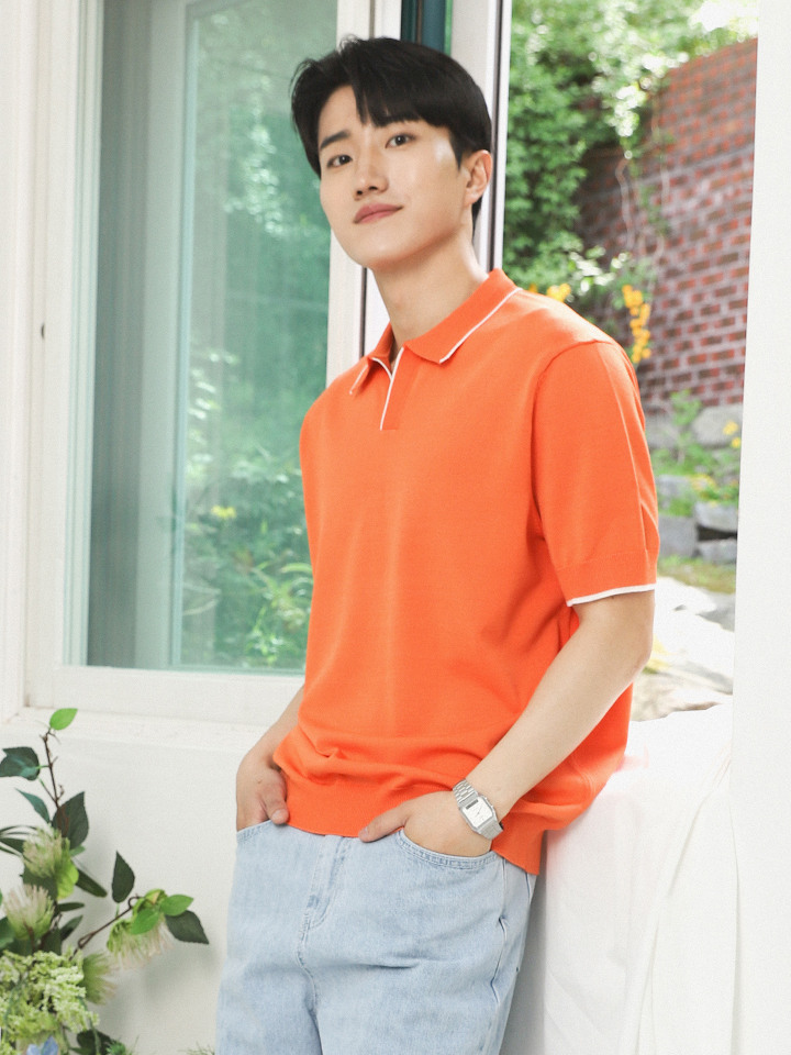 남성 오픈 카라 라인 포인트 니트 반팔티 BRE020