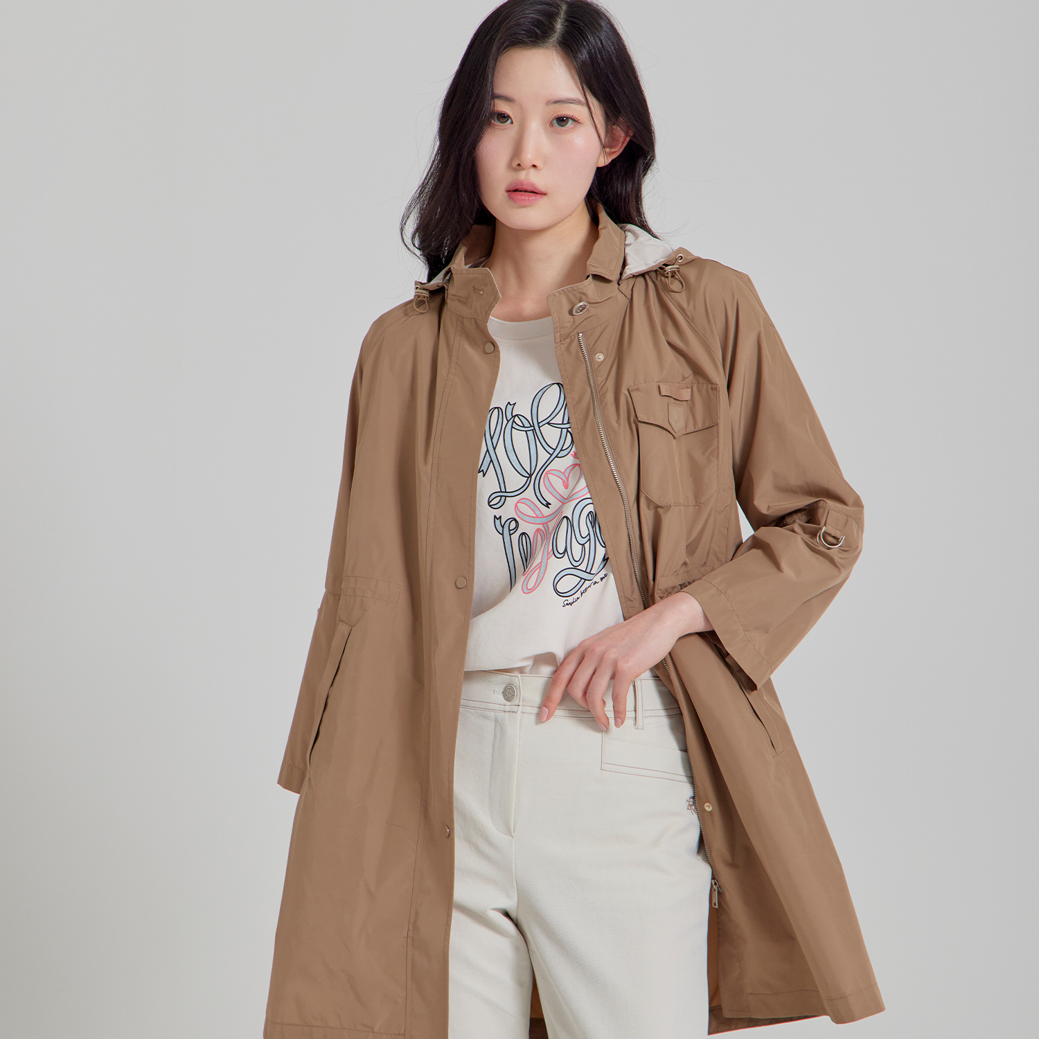 (2컬러) 폴리 후드탈착 중기장 바람막이형 코트 LCCAP330