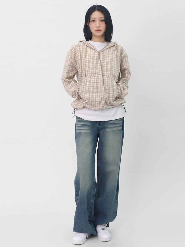 여자 체크 후드 긴팔 아노락 데일리 바람막이 티셔츠 SCR182