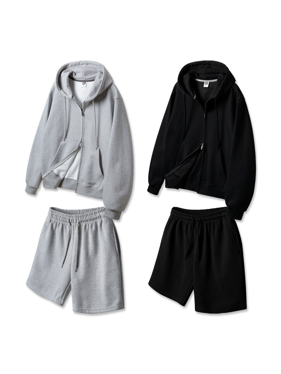[SET] 무지 레귤러핏 투웨이 후드집업 코튼 밴딩 스웨트 반바지 셋업