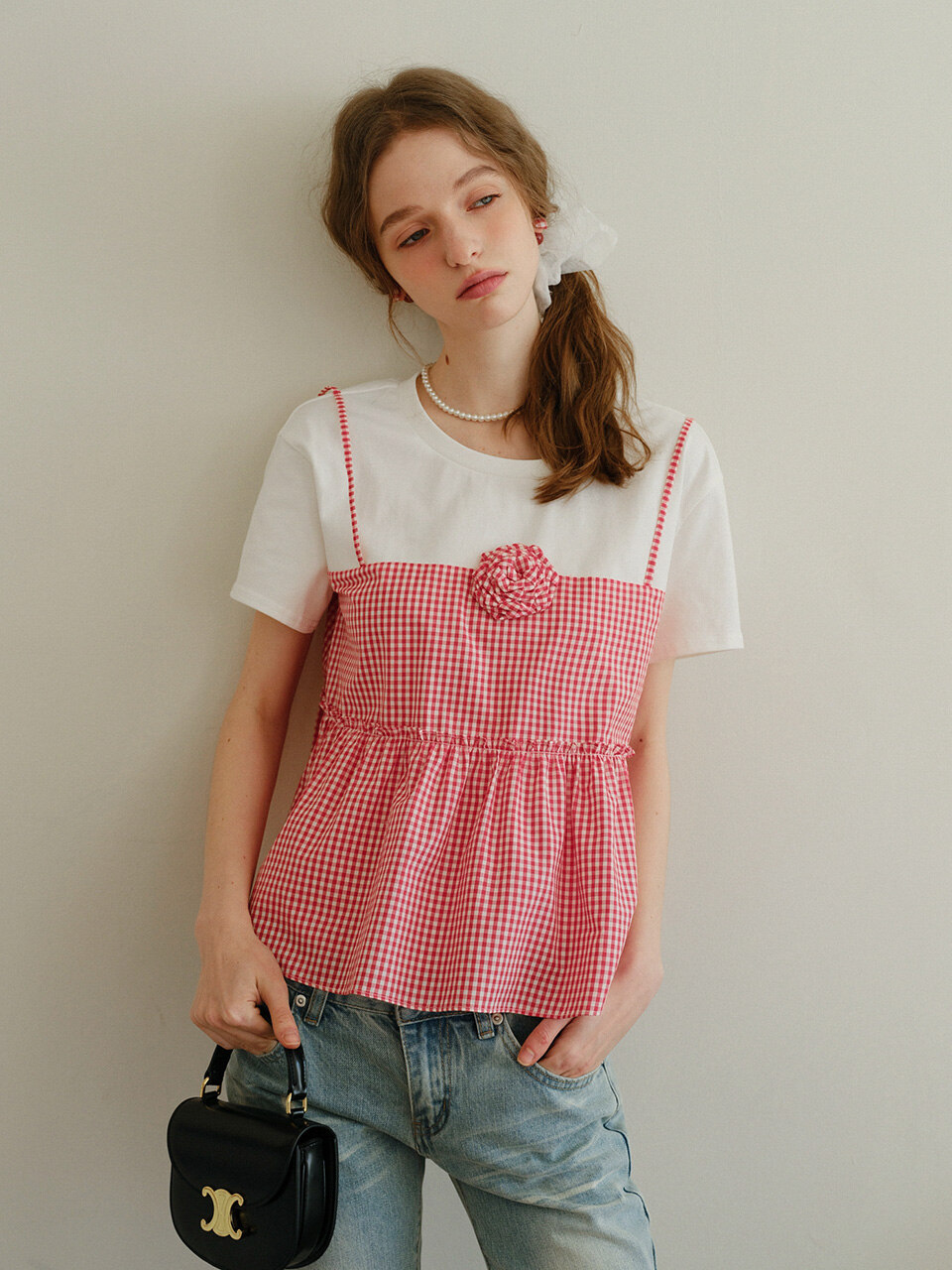 Cest_Check fake two-piece short sleeve top