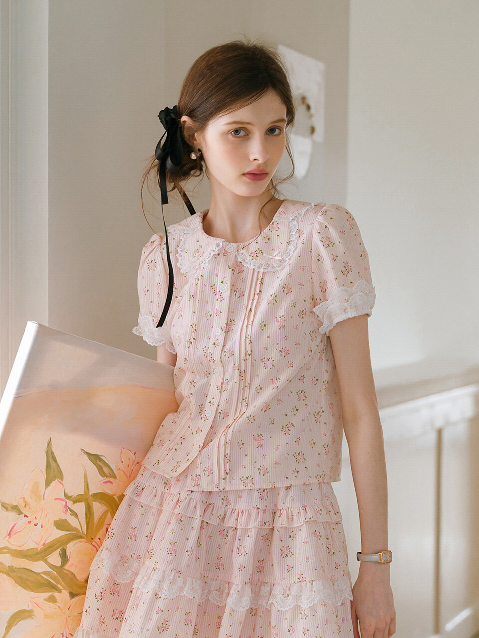 Cest_Floral lace collar shirt