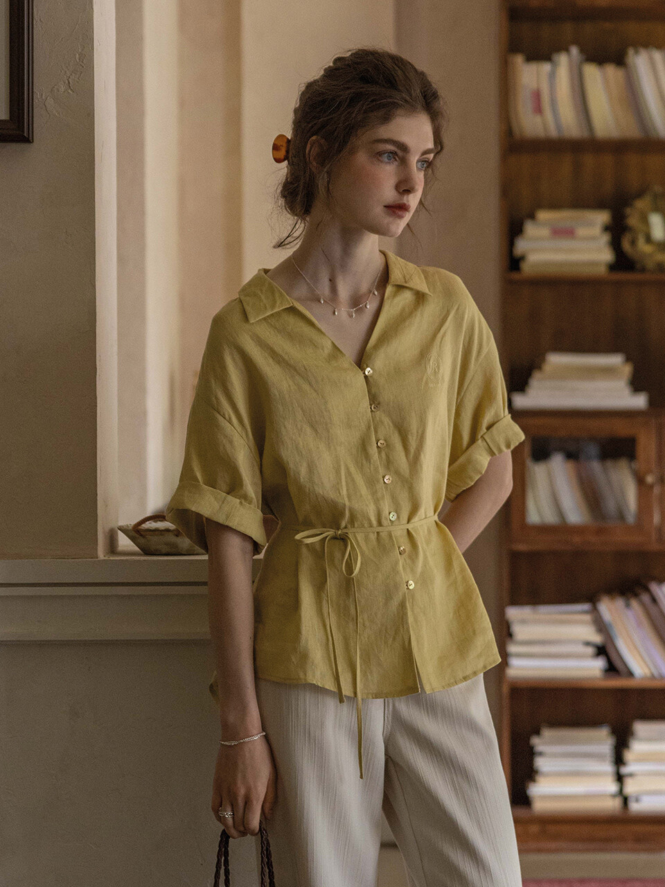 DA_Waist rope rolled cuff shirt_YELLOW