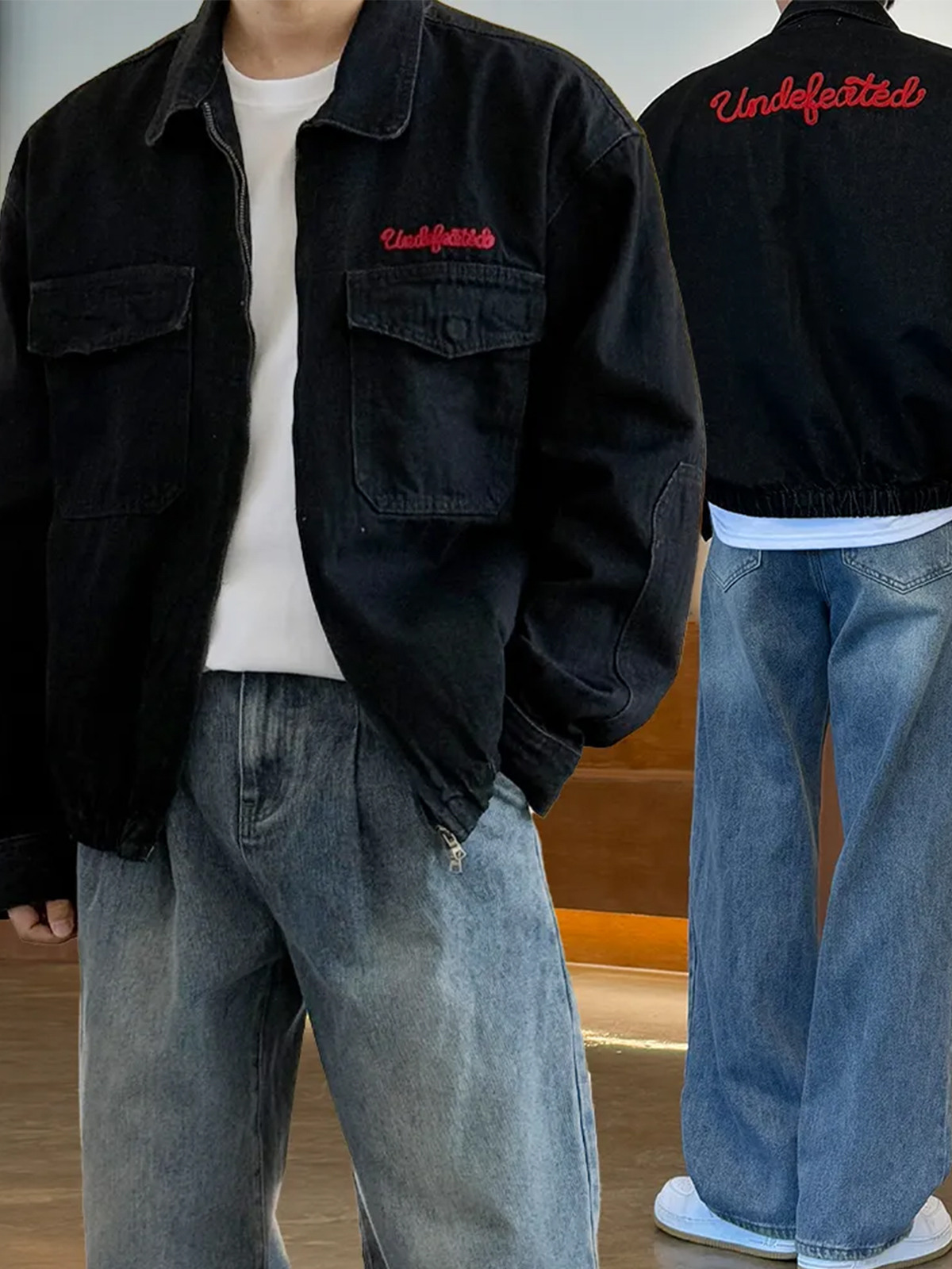 데피드 레드 자수 투포켓&투웨이 크롭 오버핏 청자켓