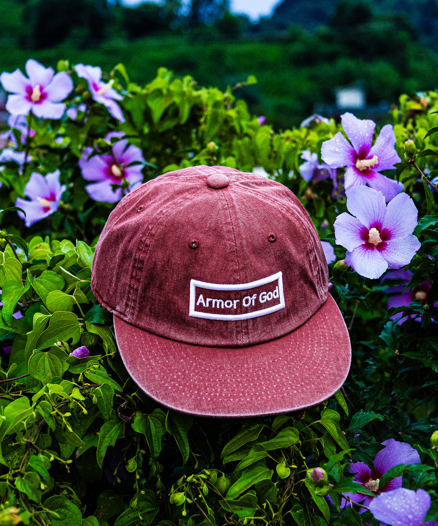 ARMOR OG GOD 아머오브갓 박스로고 - 평챙 피그먼트 볼캡 버건디