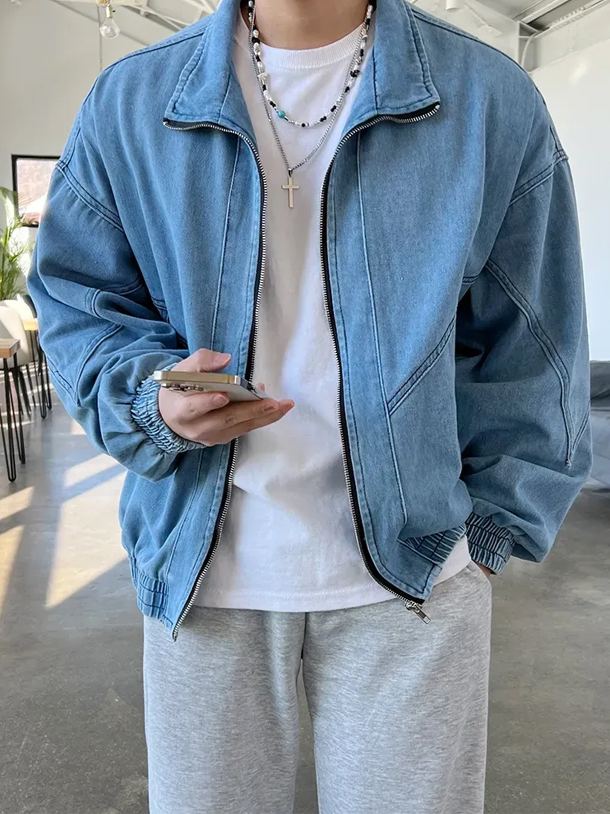 피트 져지 오버핏 남자 봄/가을 카라 데님 청자켓 2colors